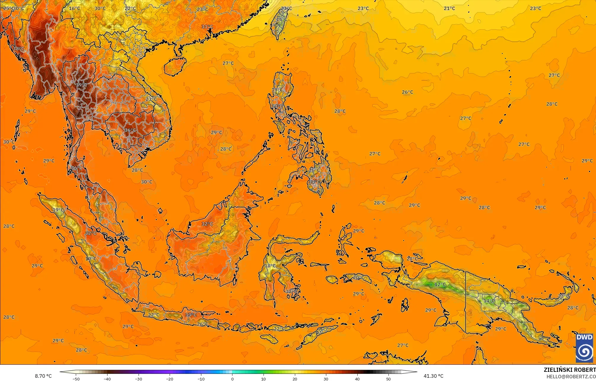 ICON modelo - Sudeste Asiático, Temperatura a 2 m