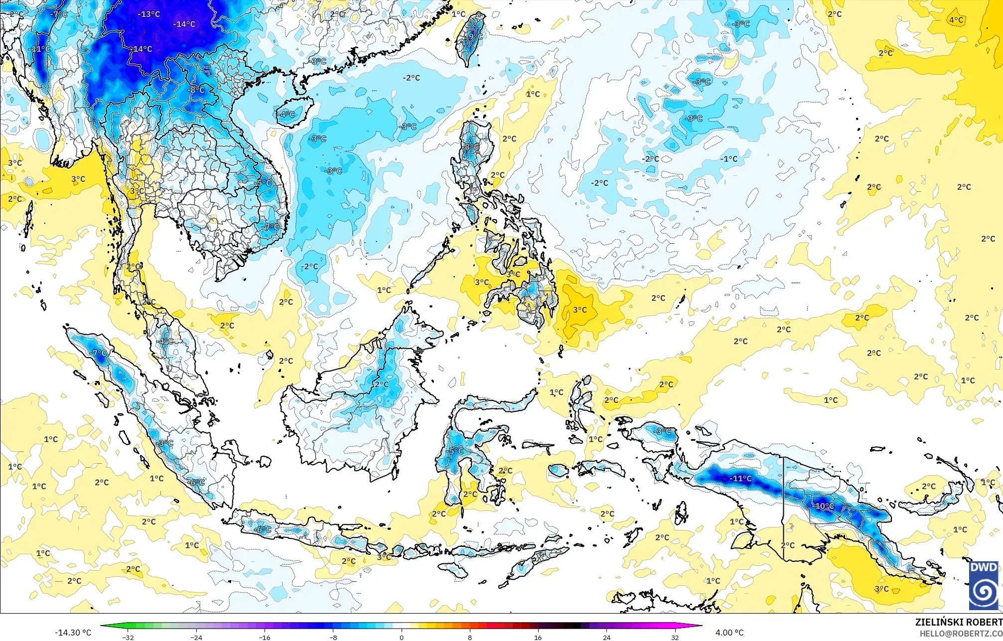 ICON modelo - Sudeste Asiático, Anomalía de temperatura a 850 hPa