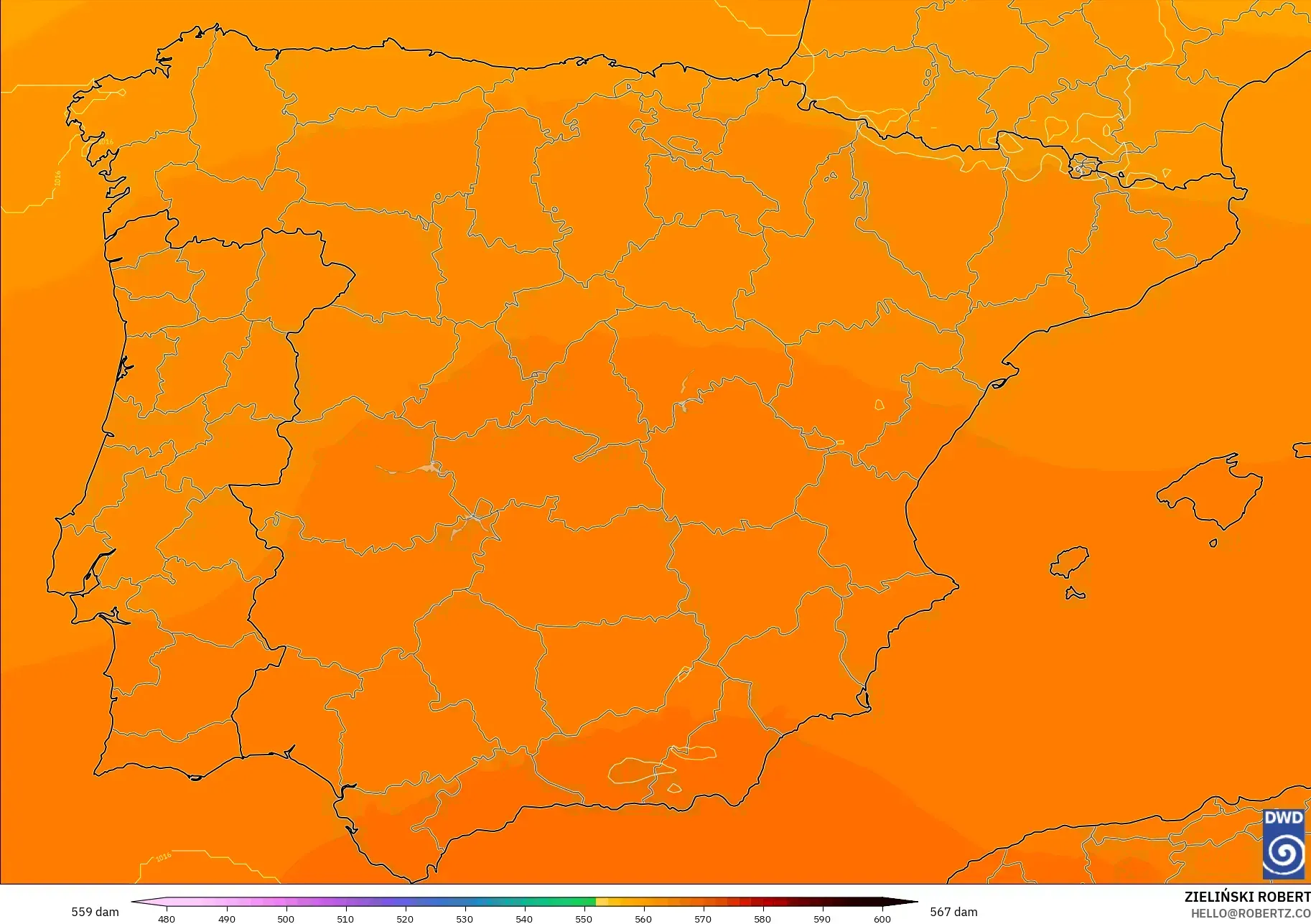 ICON modelo - España, Altura geopotencial a 500 hPa