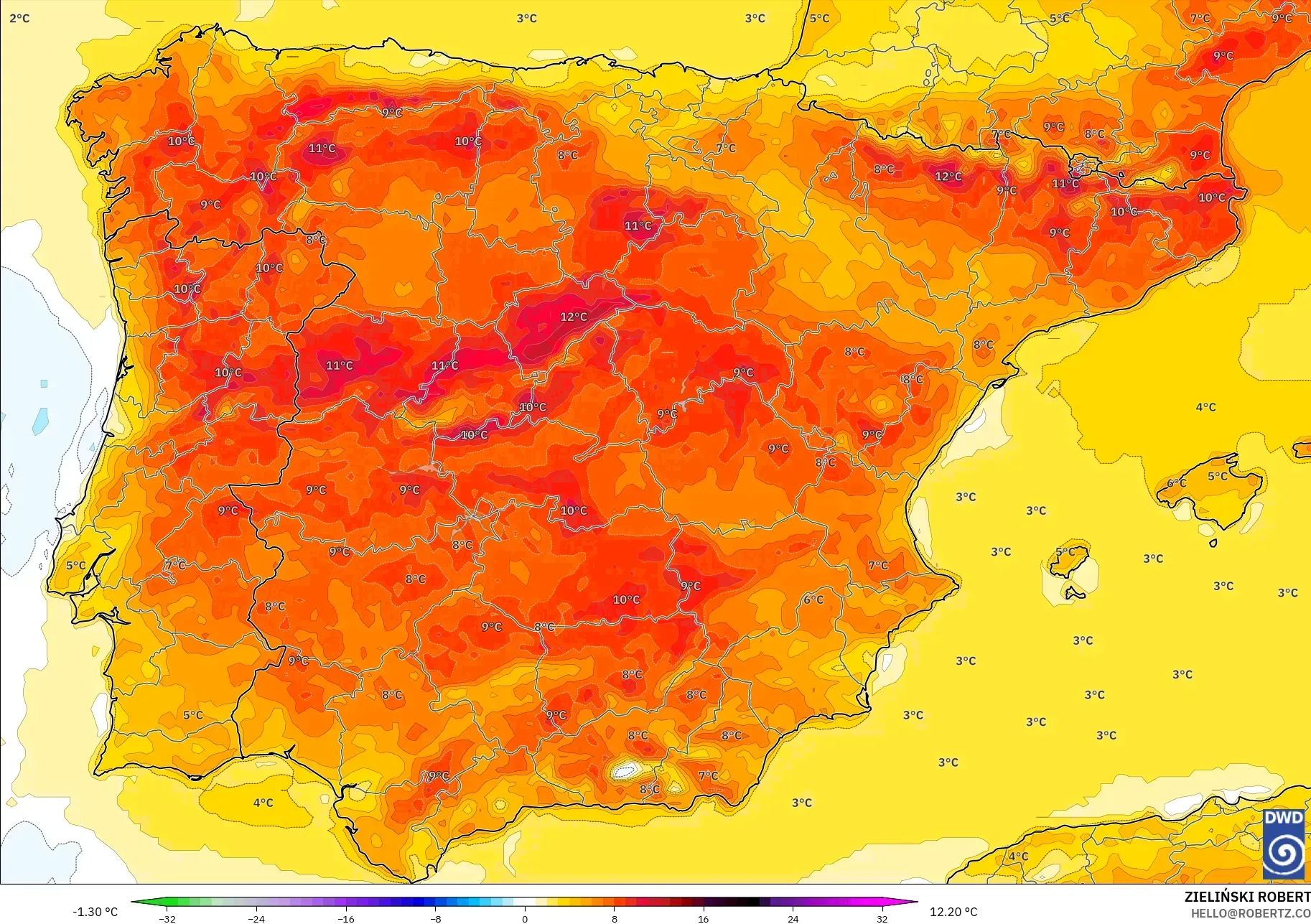 ICON modelo - España, Anomalía de temperatura a 2 m