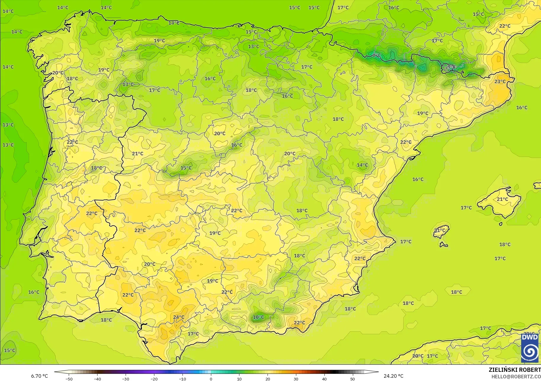 ICON modelo - España, Temperatura a 2 m