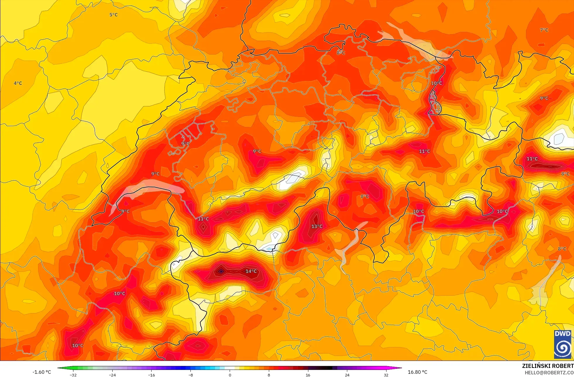 ICON modelo - Suiza, Anomalía de temperatura a 2 m