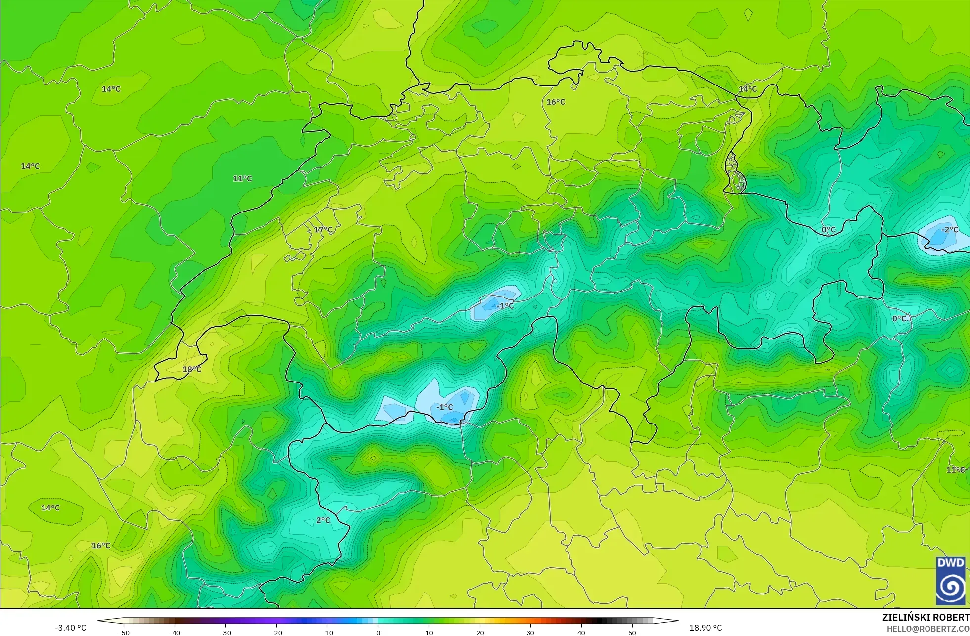 ICON modelo - Suiza, Temperatura a 2 m