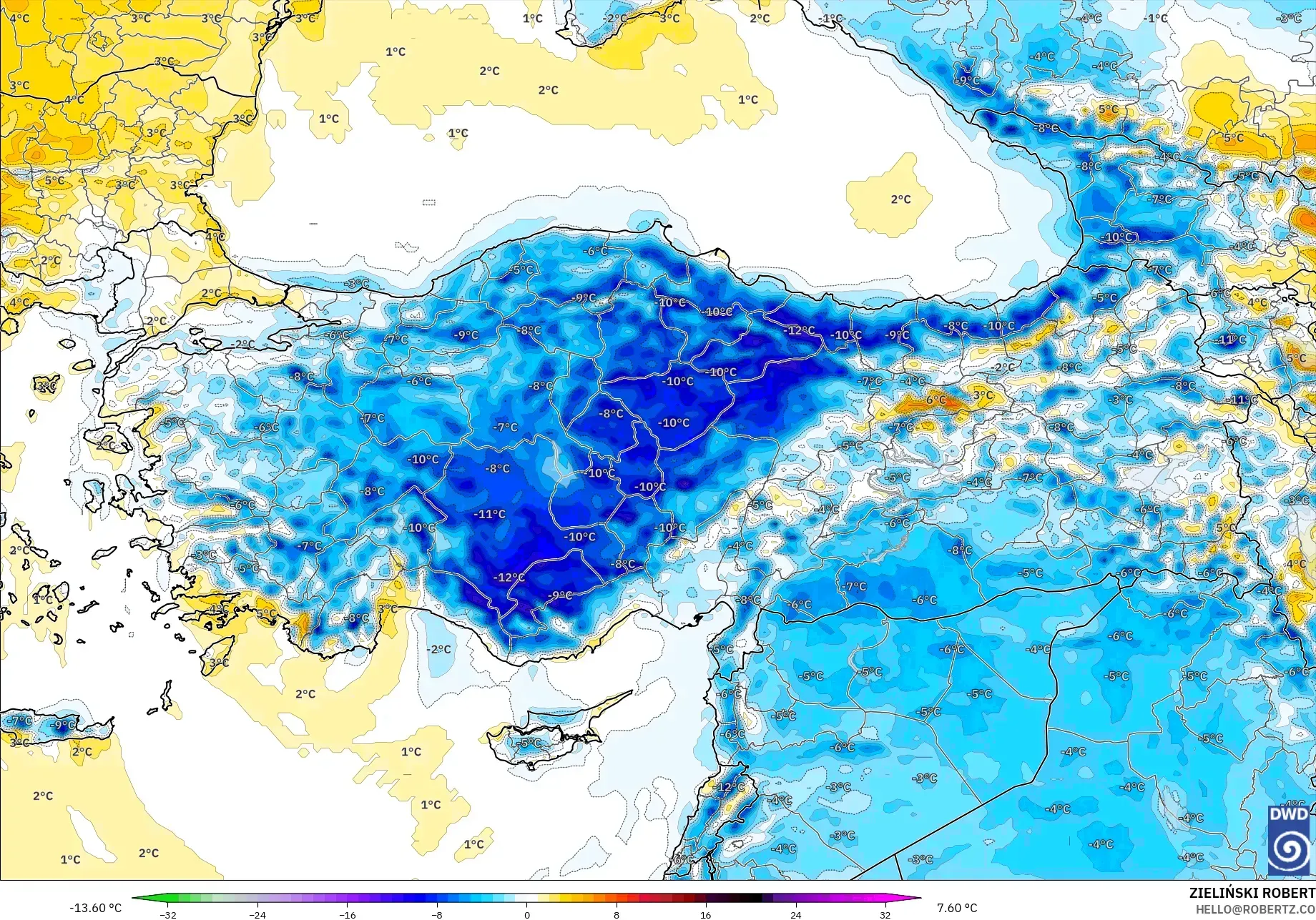 ICON modelo - Turquía, Anomalía de temperatura a 2 m