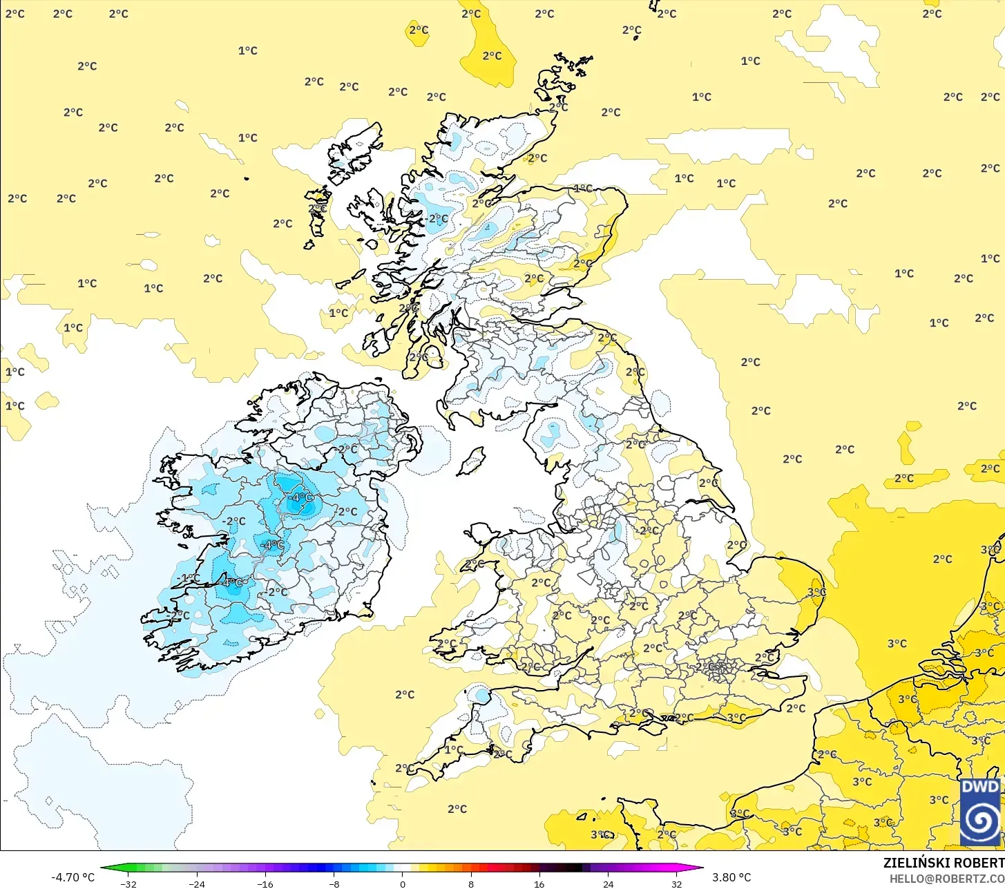 ICON modelo - Reino Unido, Anomalía de temperatura a 2 m