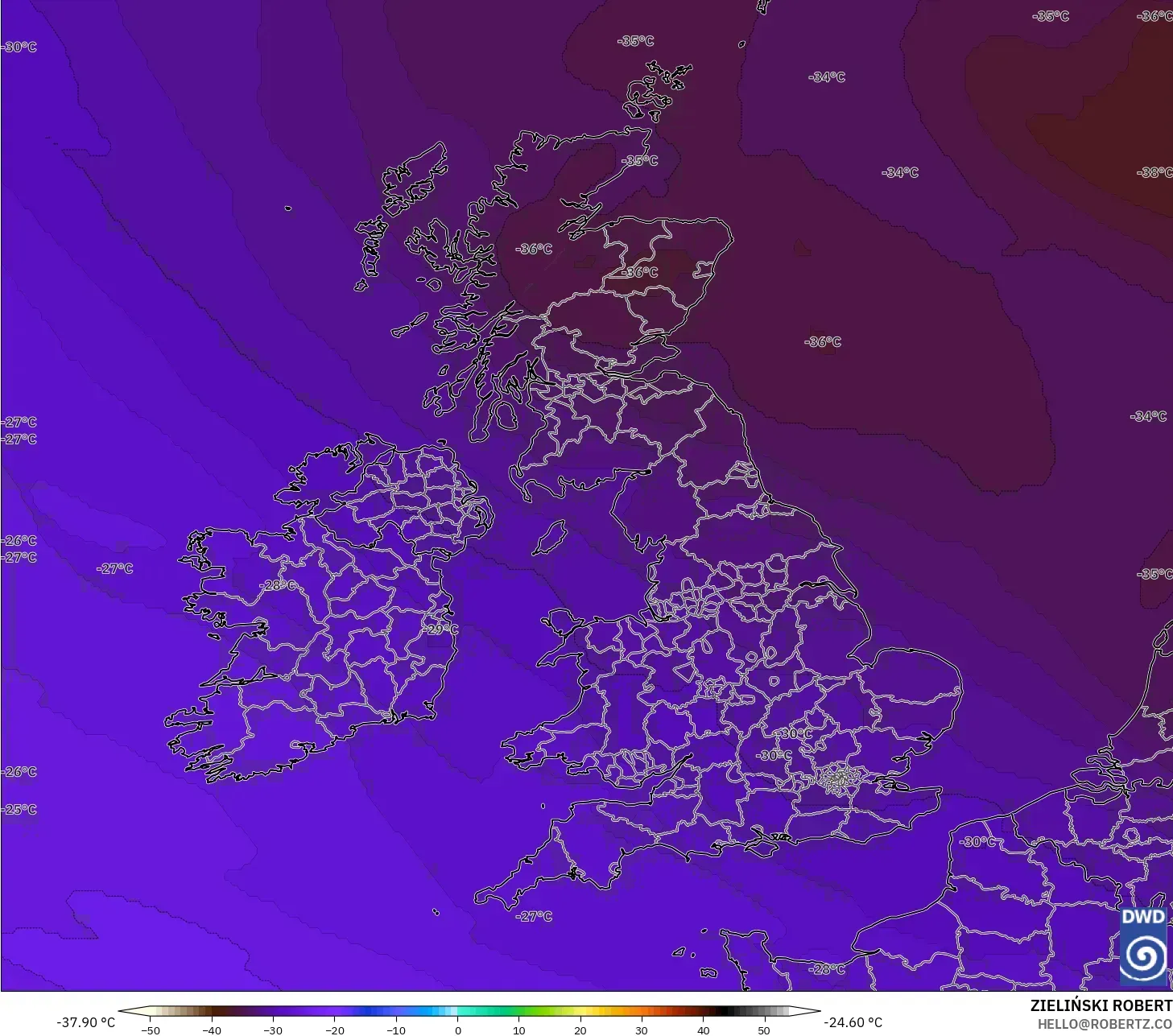 ICON modelo - Reino Unido, Temperatura a 500 hPa