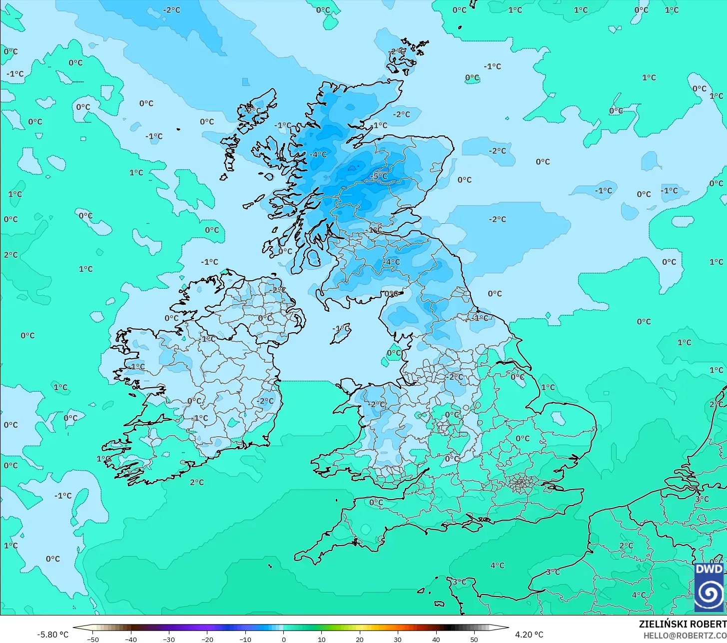 ICON modelo - Reino Unido, Temperatura a 850 hPa
