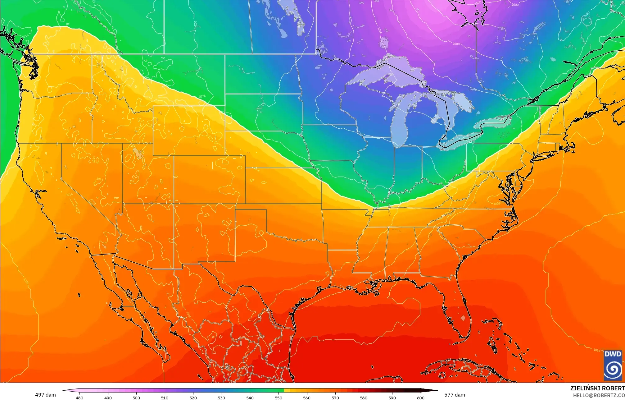 ICON modelo - Estados Unidos, Altura geopotencial a 500 hPa