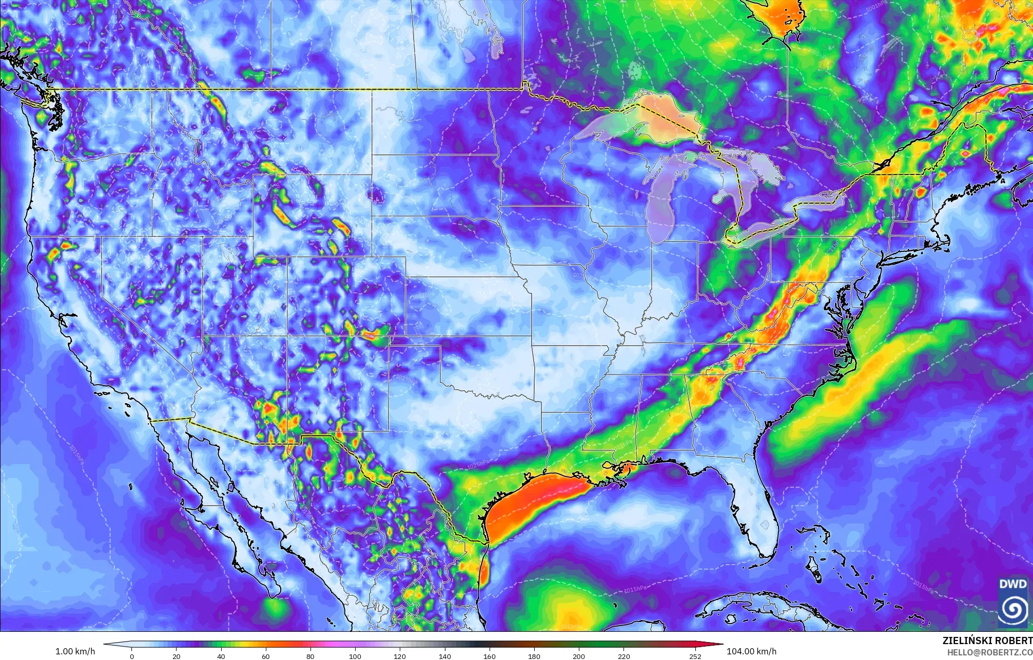 ICON modelo - Estados Unidos, Ráfagas de Viento Máximas