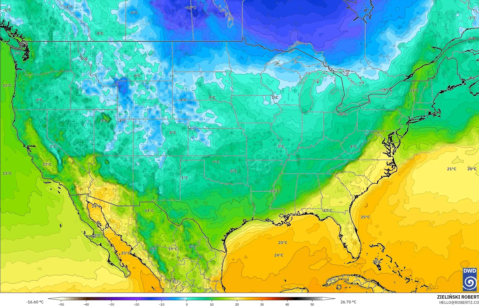 ICON modelo - Estados Unidos, Temperatura a 2 m