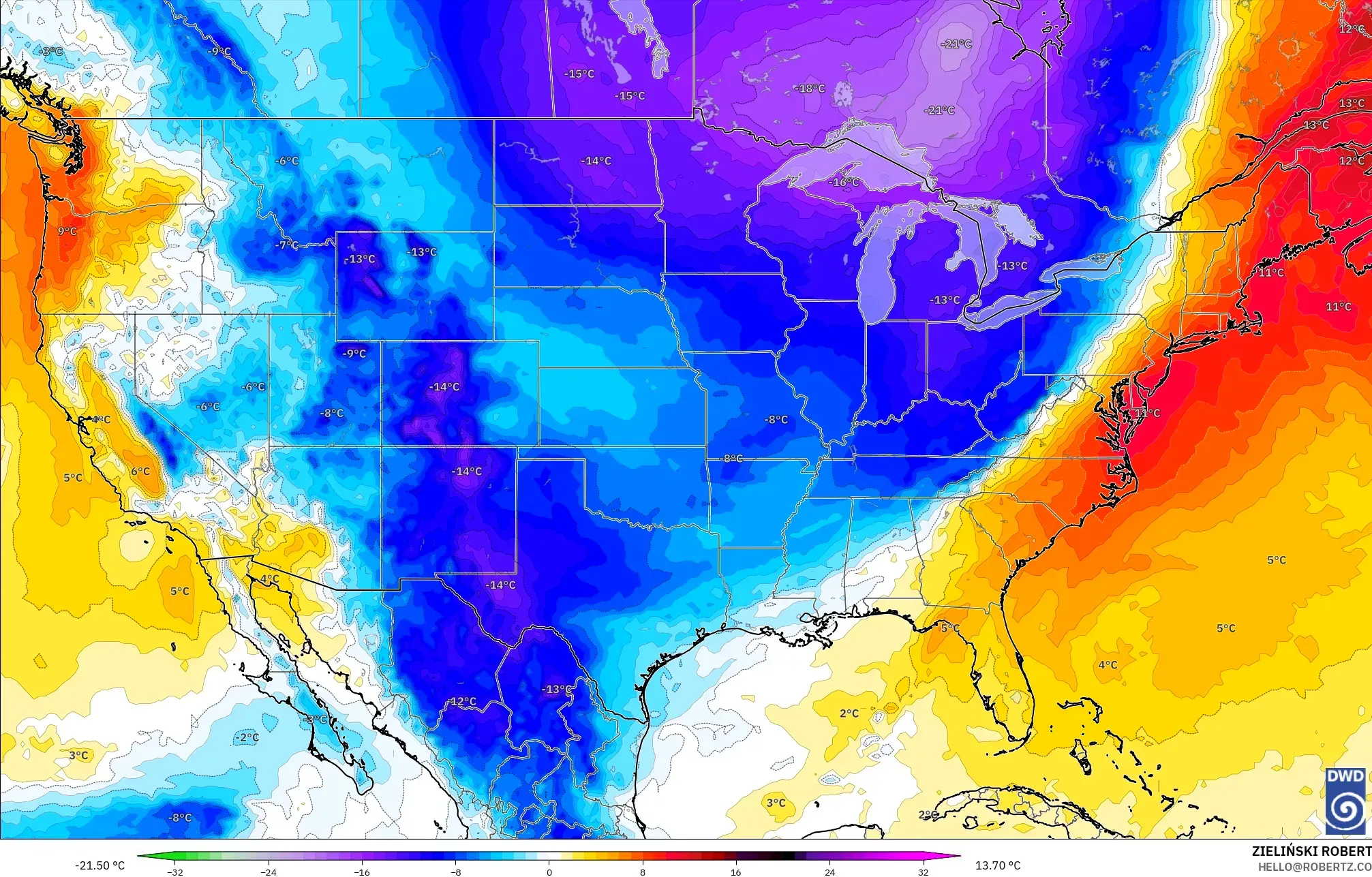 ICON modelo - Estados Unidos, Anomalía de temperatura a 850 hPa