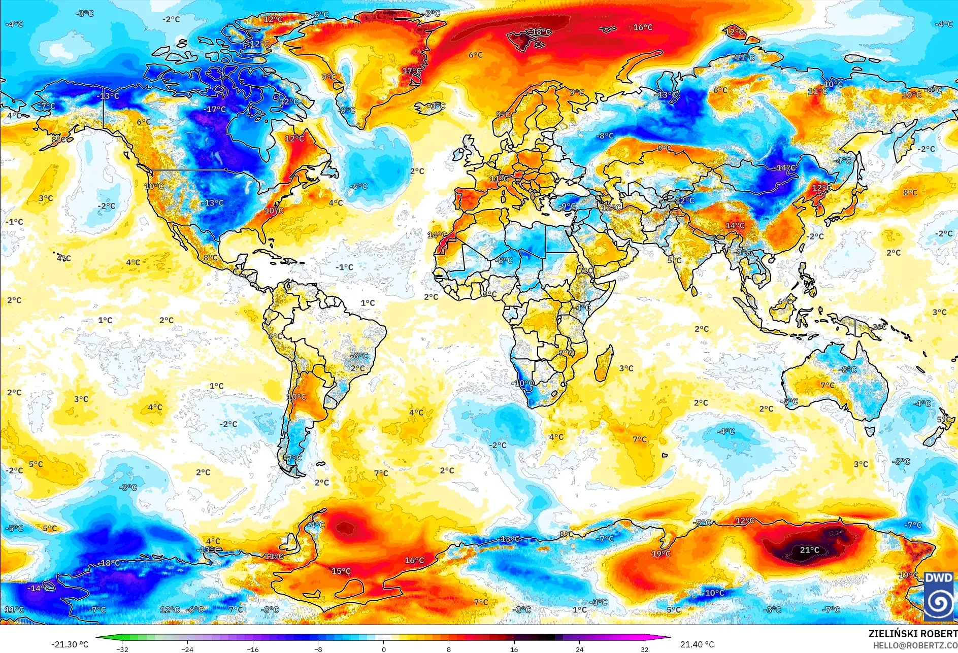 ICON modelo - Mundo, Anomalía de temperatura a 2 m