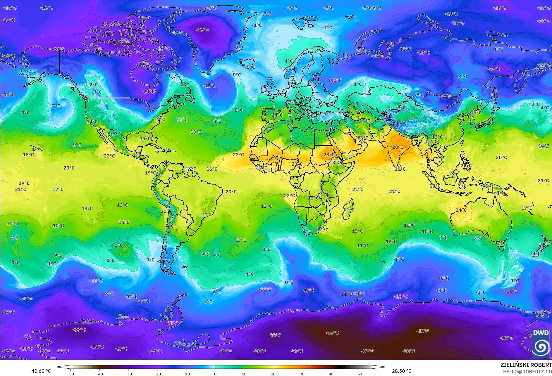 ICON modelo - Mundo, Temperatura a 850 hPa