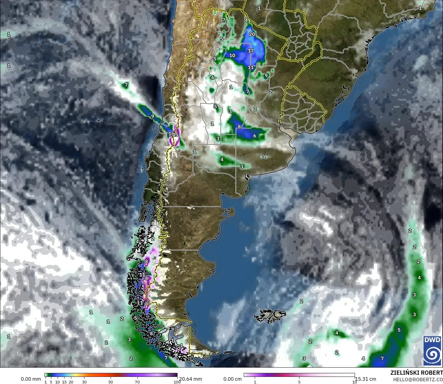 ICON modelo - Argentina, Precipitación, nubes y presión