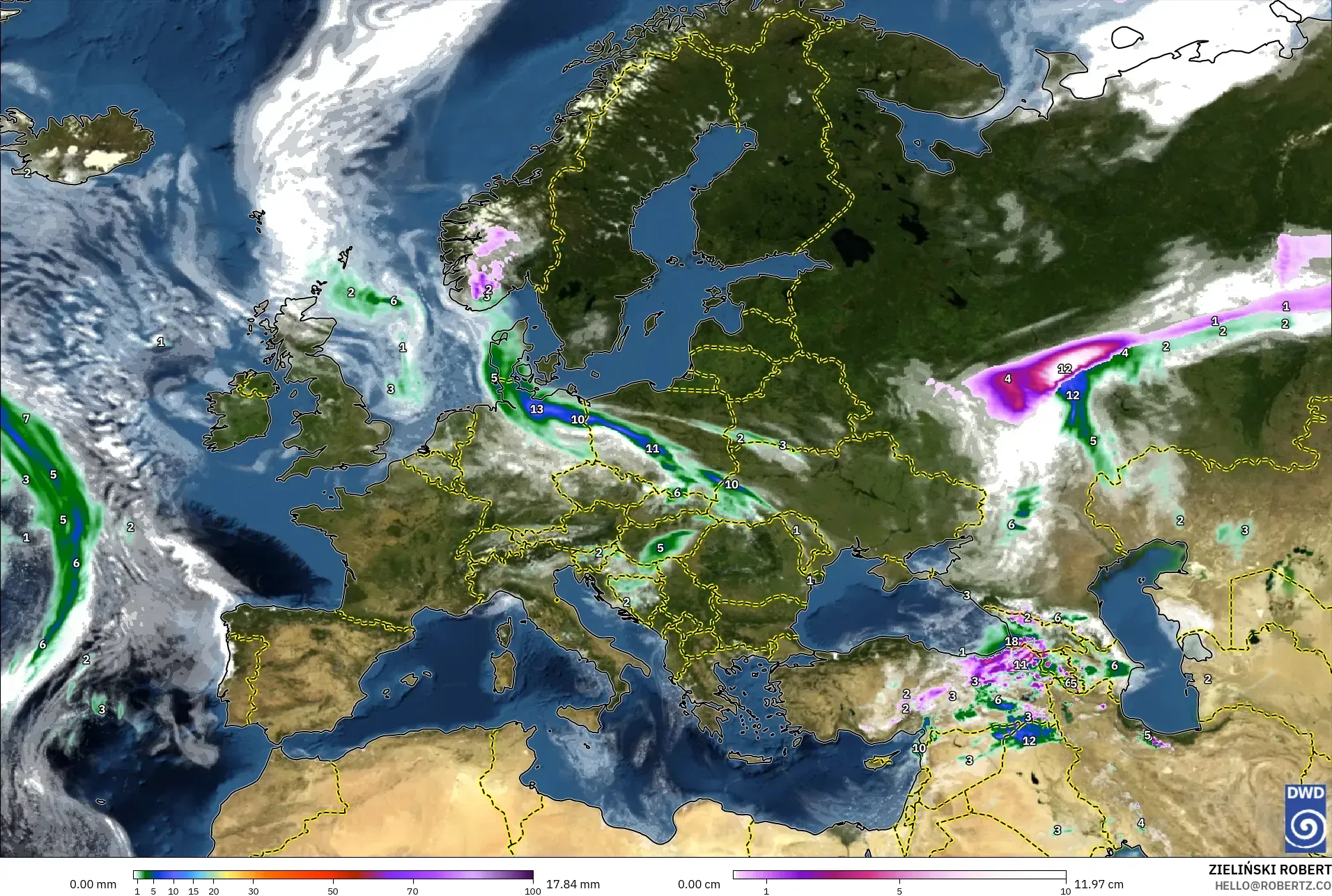 ICON modelo - Europa, Precipitación, nubes y presión