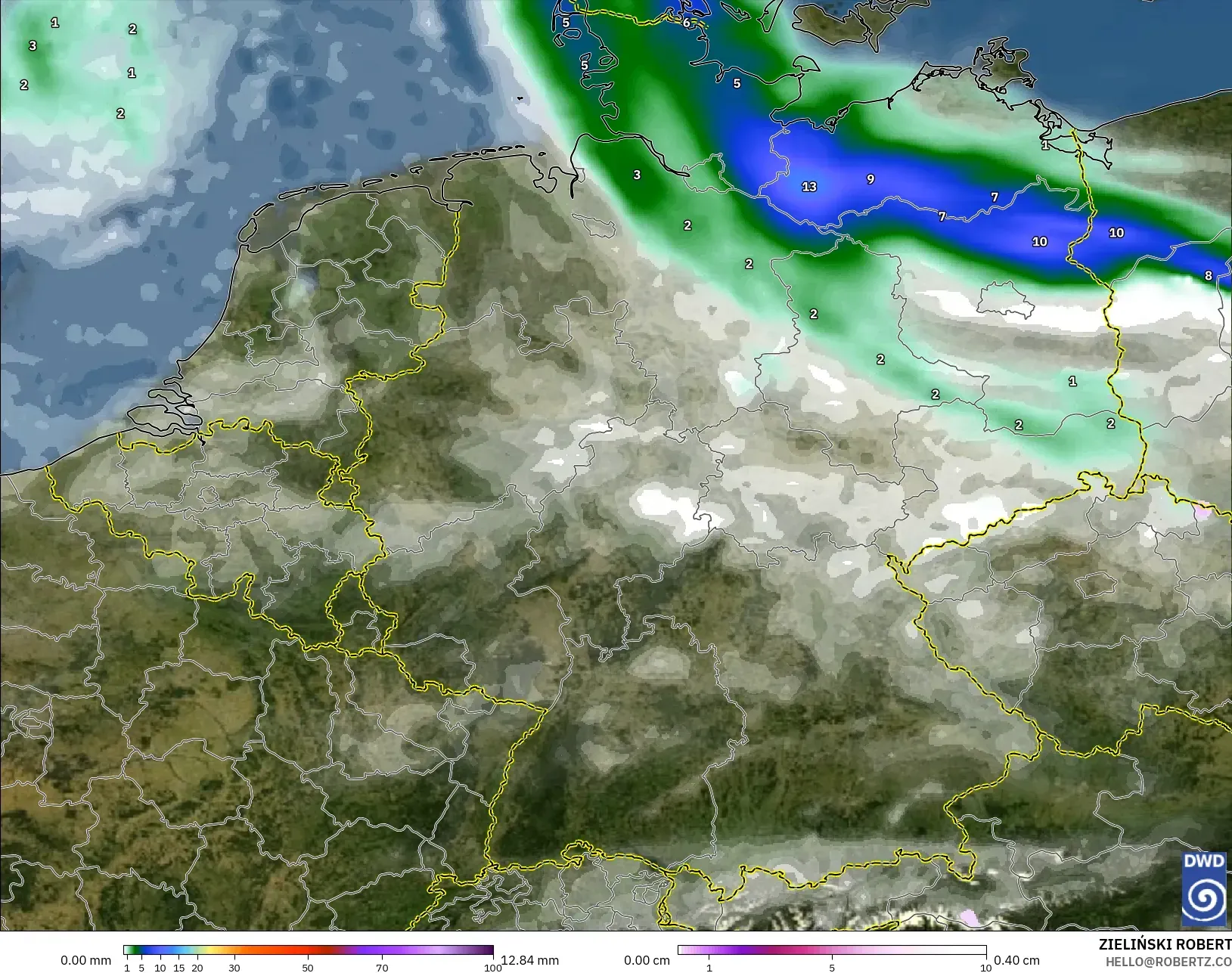 ICON modelo - Alemania, Precipitación, nubes y presión
