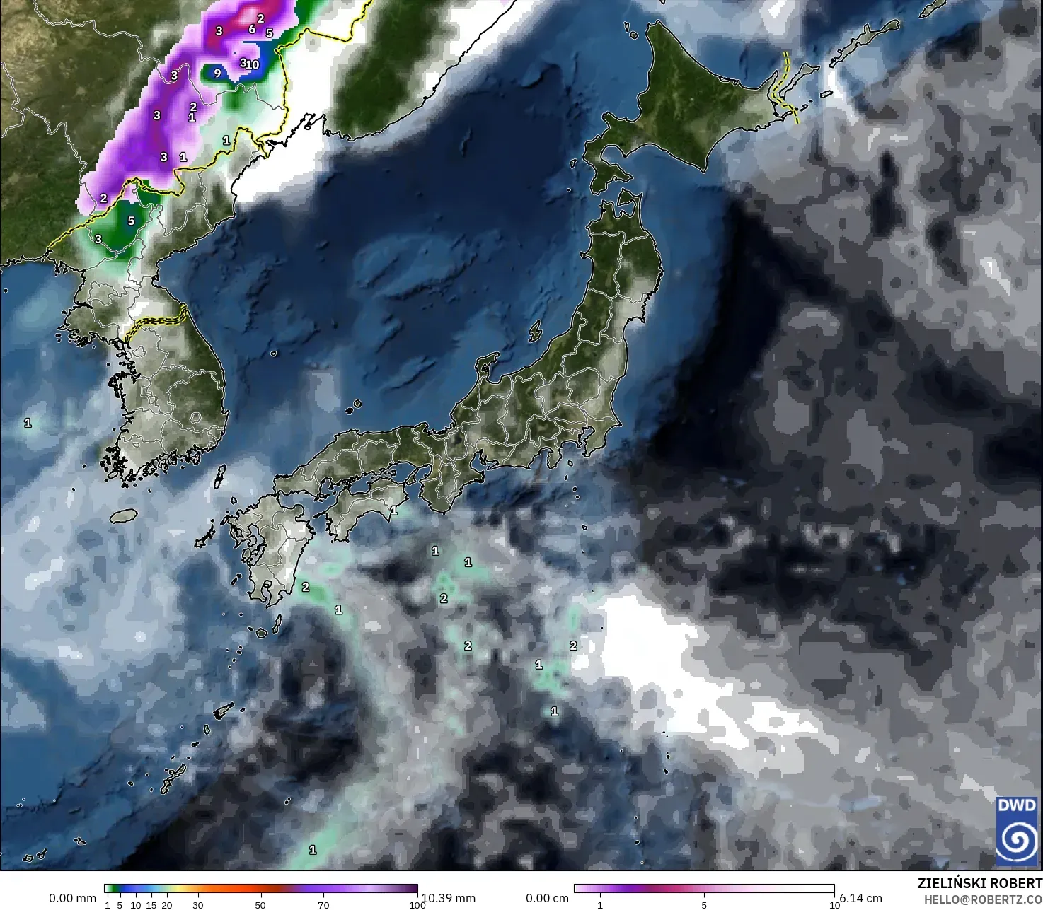 ICON modelo - Japón, Precipitación, nubes y presión