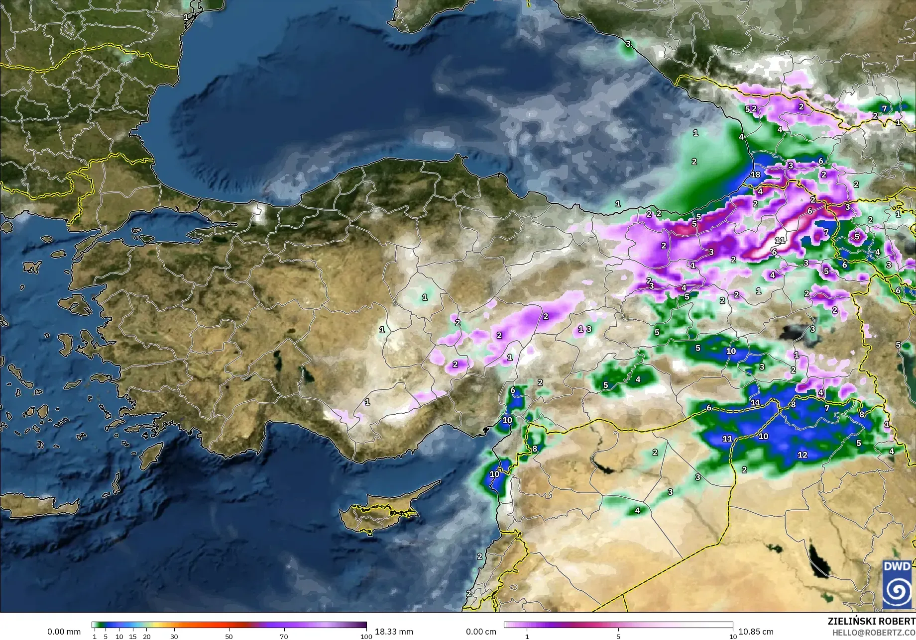 ICON modelo - Turquía, Precipitación, nubes y presión
