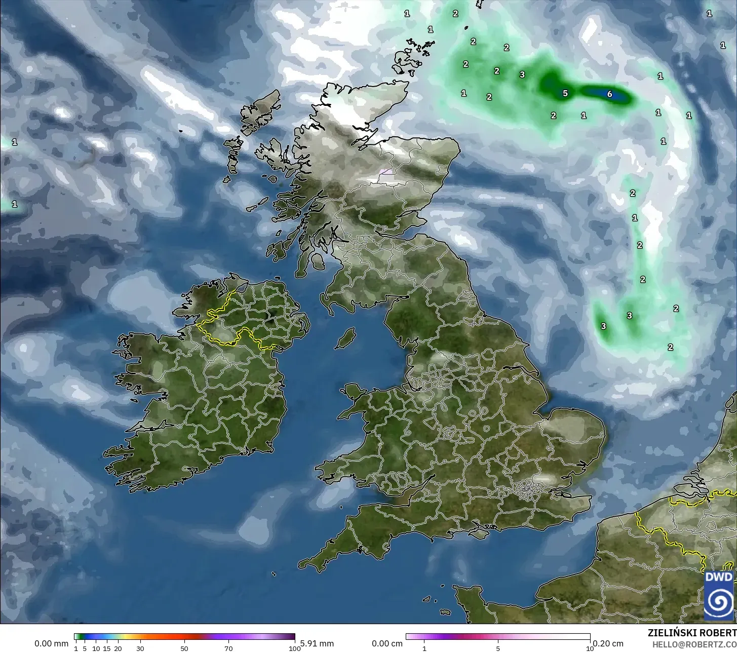 ICON modelo - Reino Unido, Precipitación, nubes y presión
