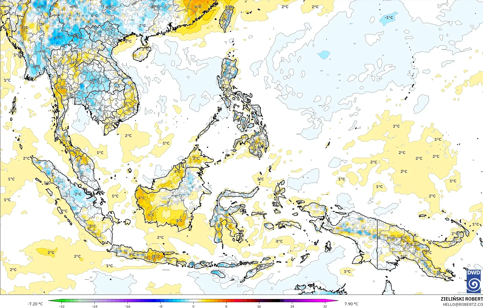 ICON modelo - Sudeste Asiático, Anomalía de temperatura a 2 m