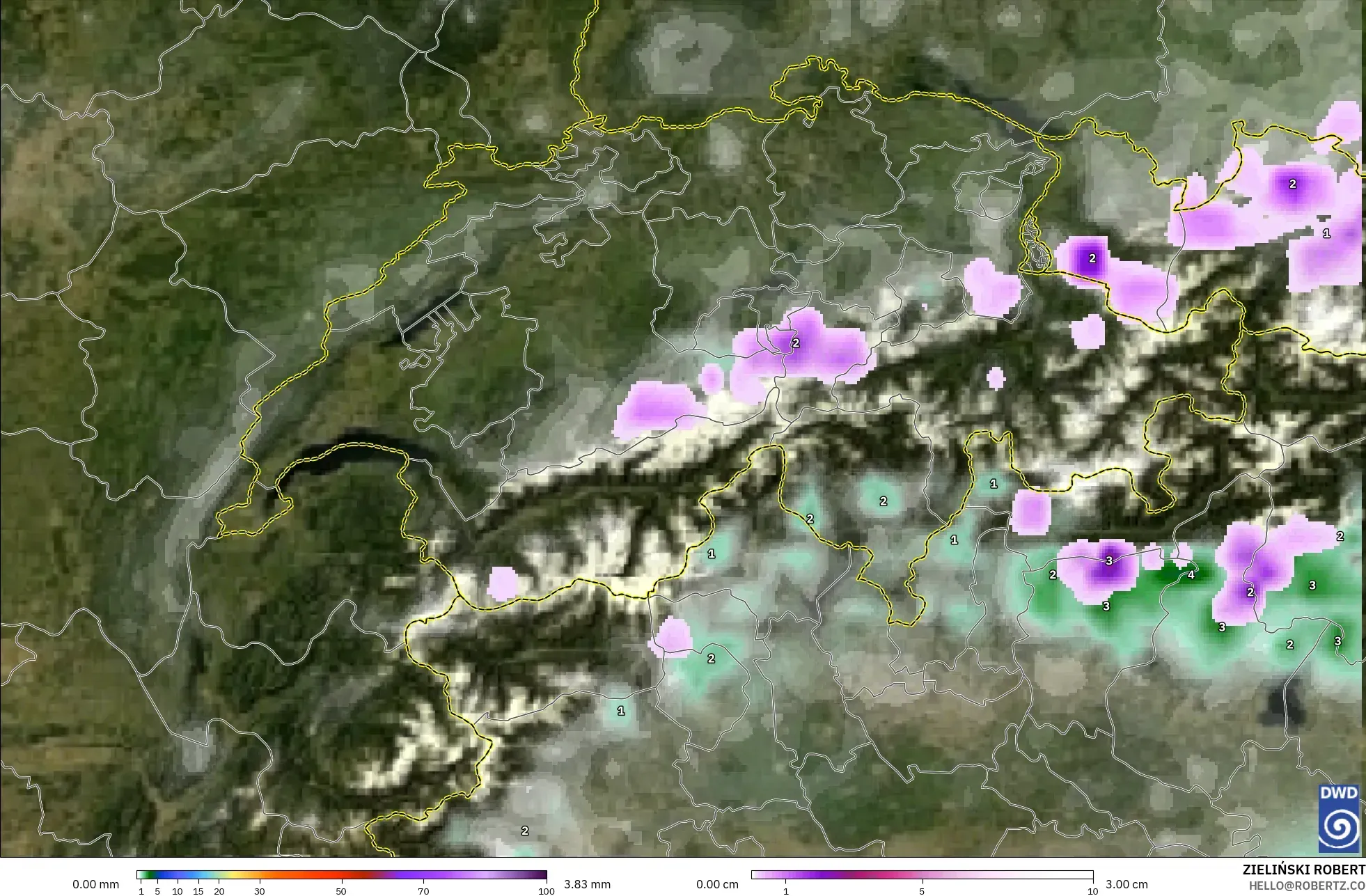 ICON modelo - Suiza, Precipitación, nubes y presión