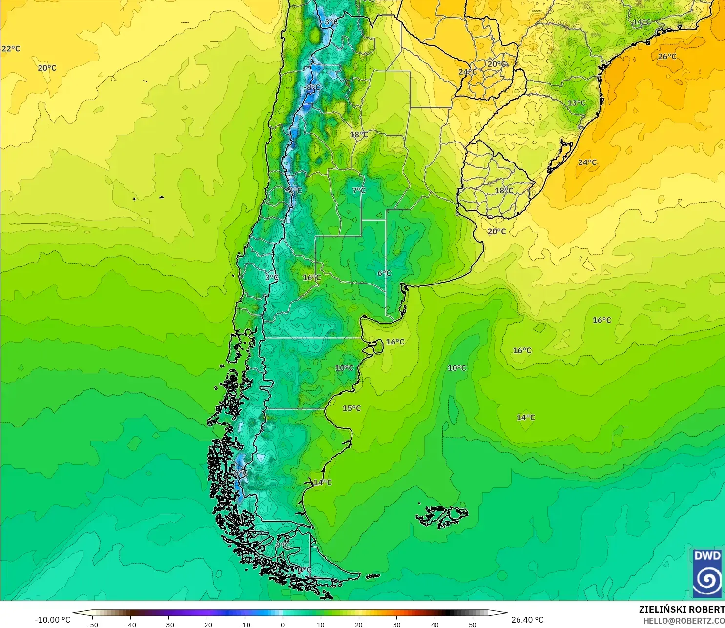ICON modelo - Argentina, Temperatura a 2 m