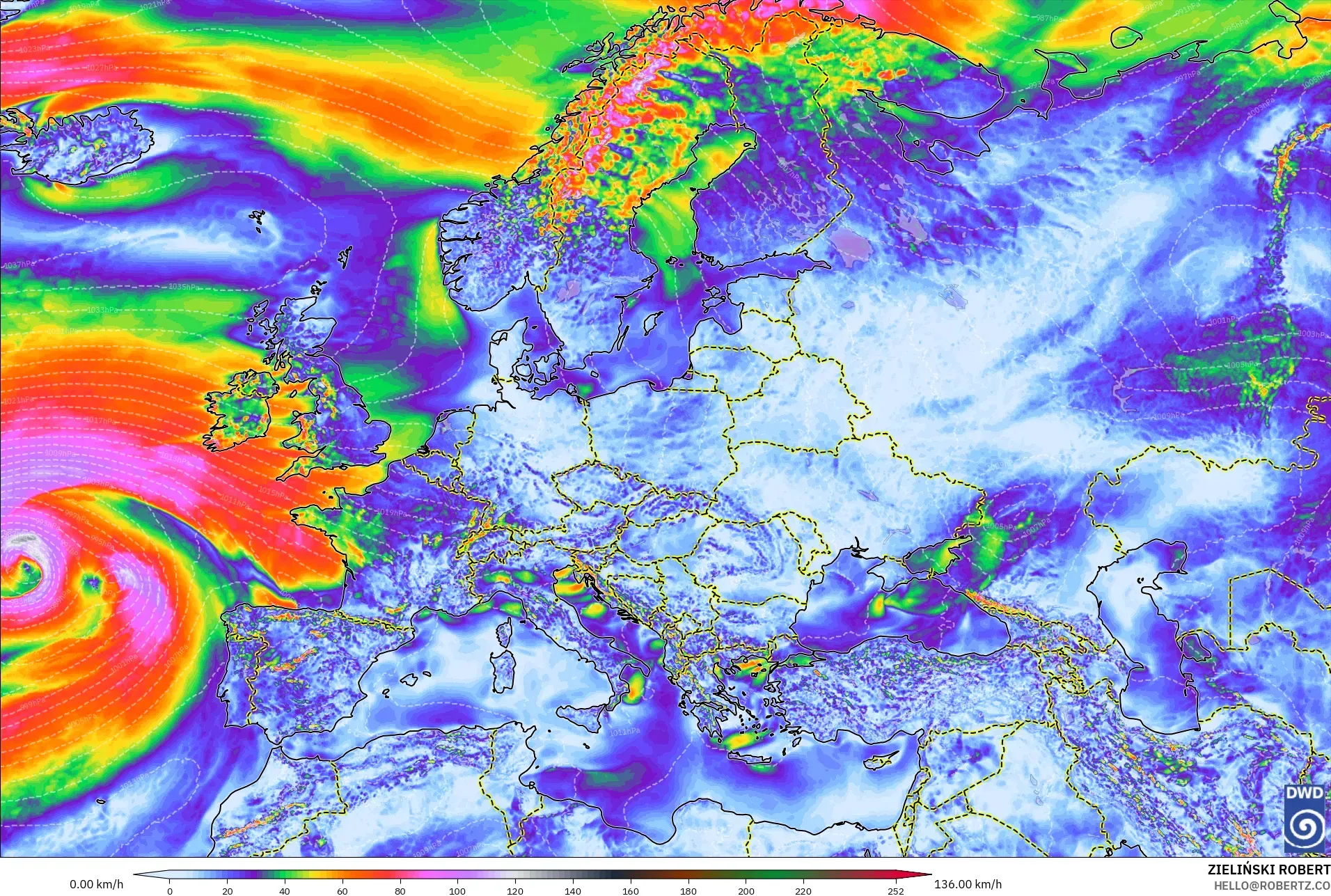 ICON modelo - Europa, Ráfagas de viento