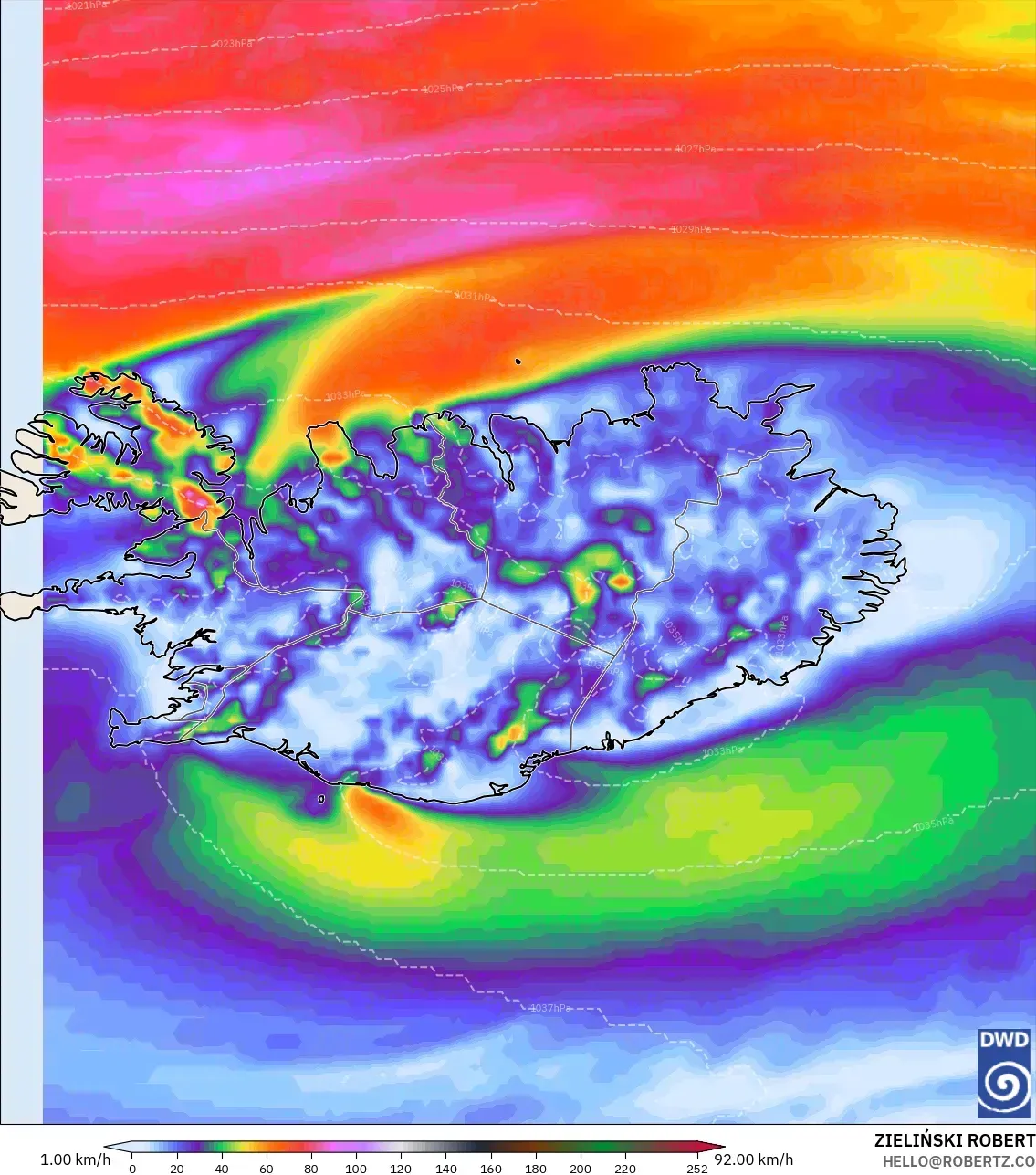 ICON modelo - Islandia, Ráfagas de viento