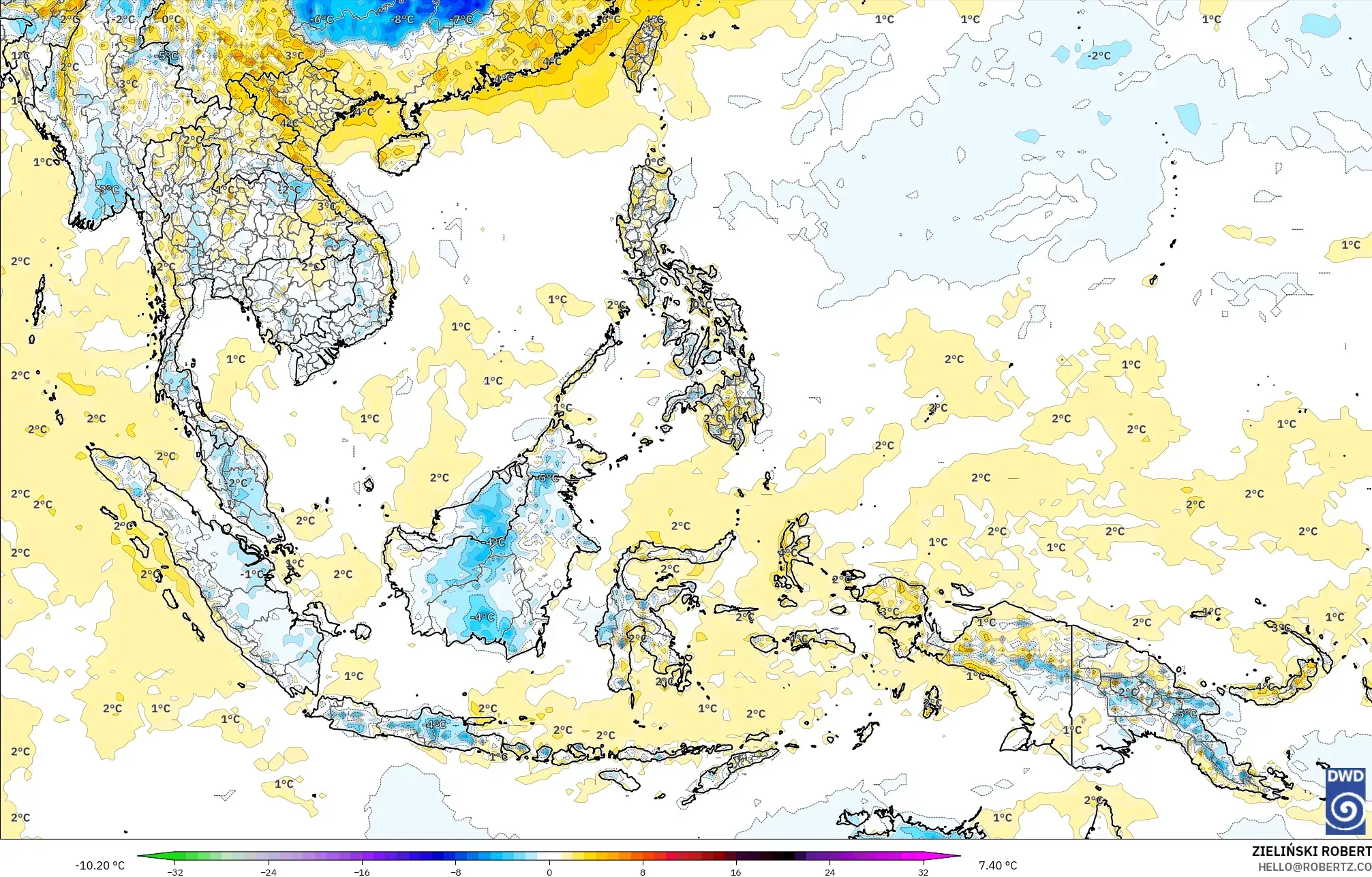 ICON modelo - Sudeste Asiático, Anomalía de temperatura a 2 m