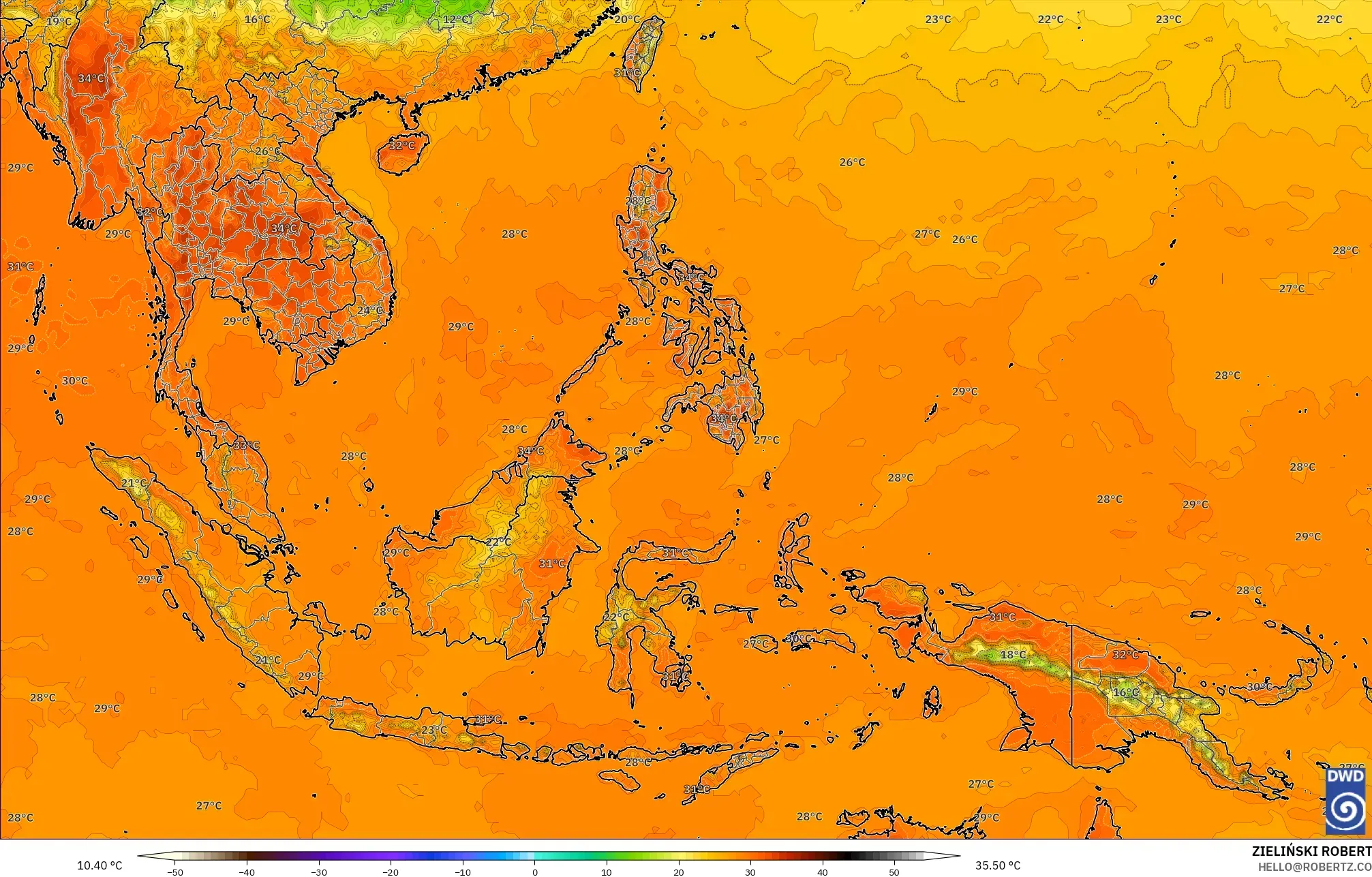 ICON modelo - Sudeste Asiático, Temperatura a 2 m