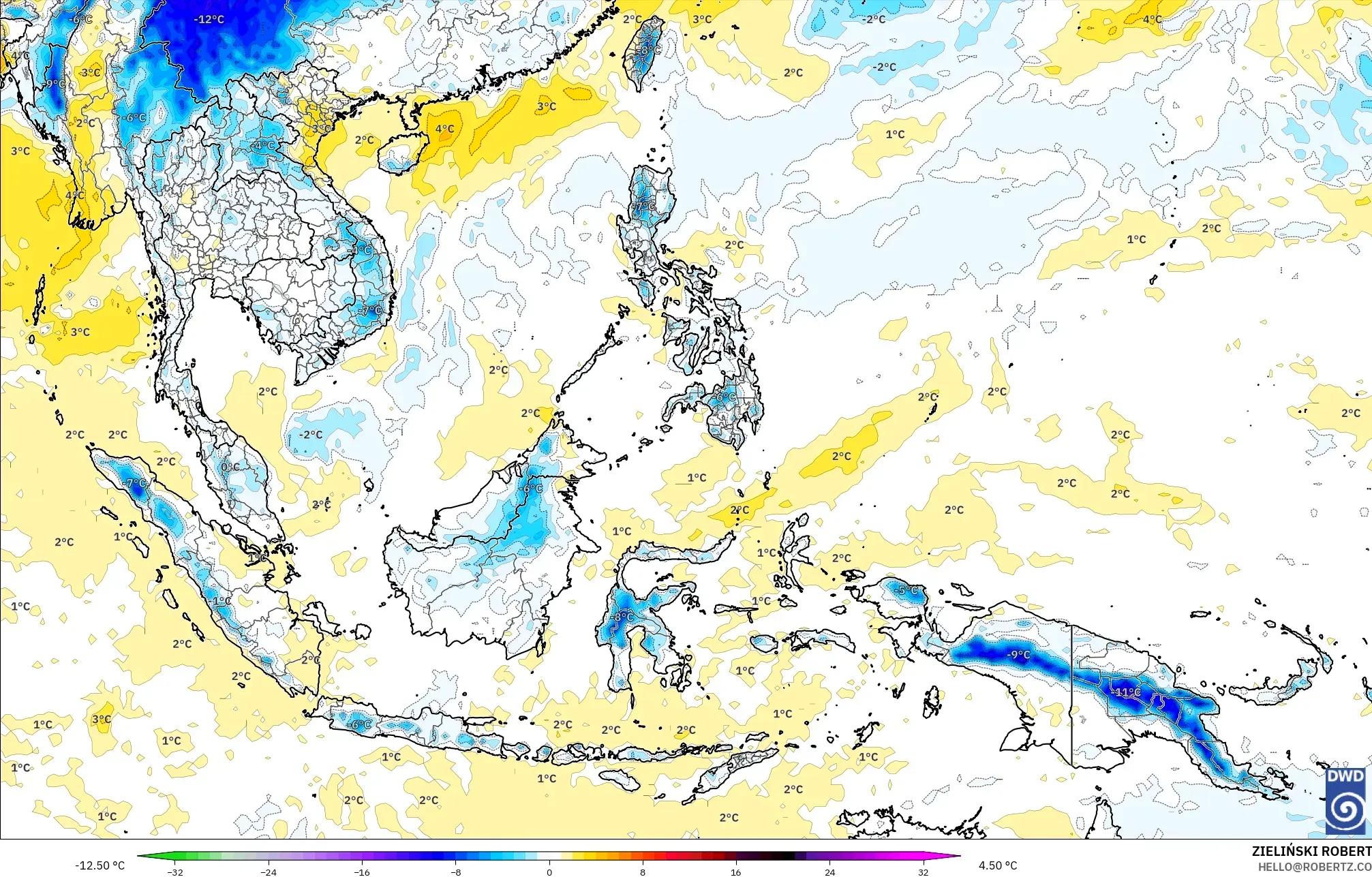 ICON modelo - Sudeste Asiático, Anomalía de temperatura a 850 hPa