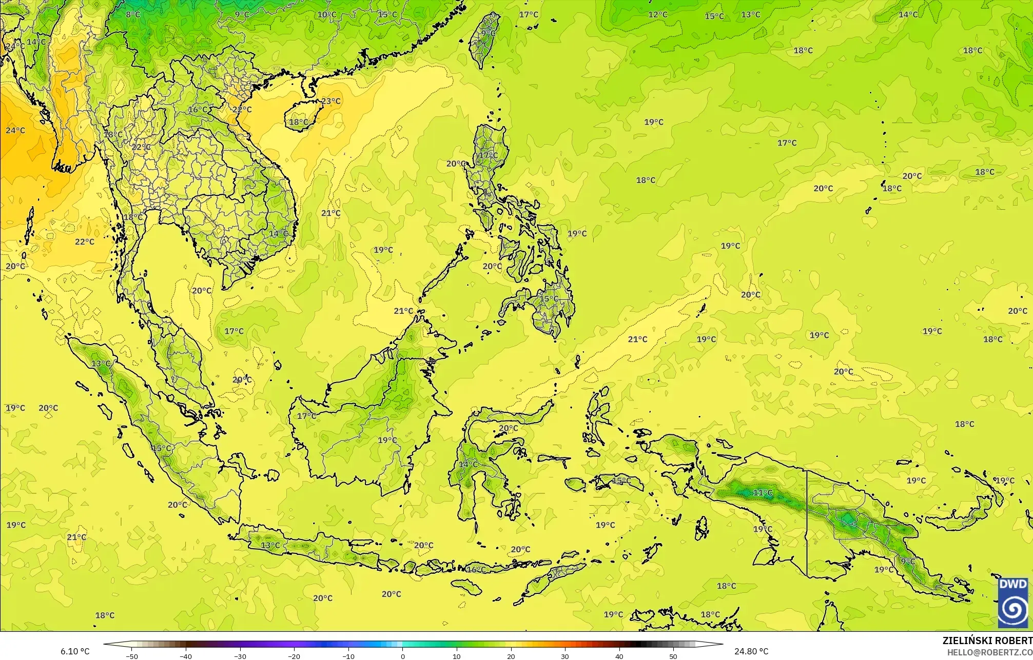 ICON modelo - Sudeste Asiático, Temperatura a 850 hPa