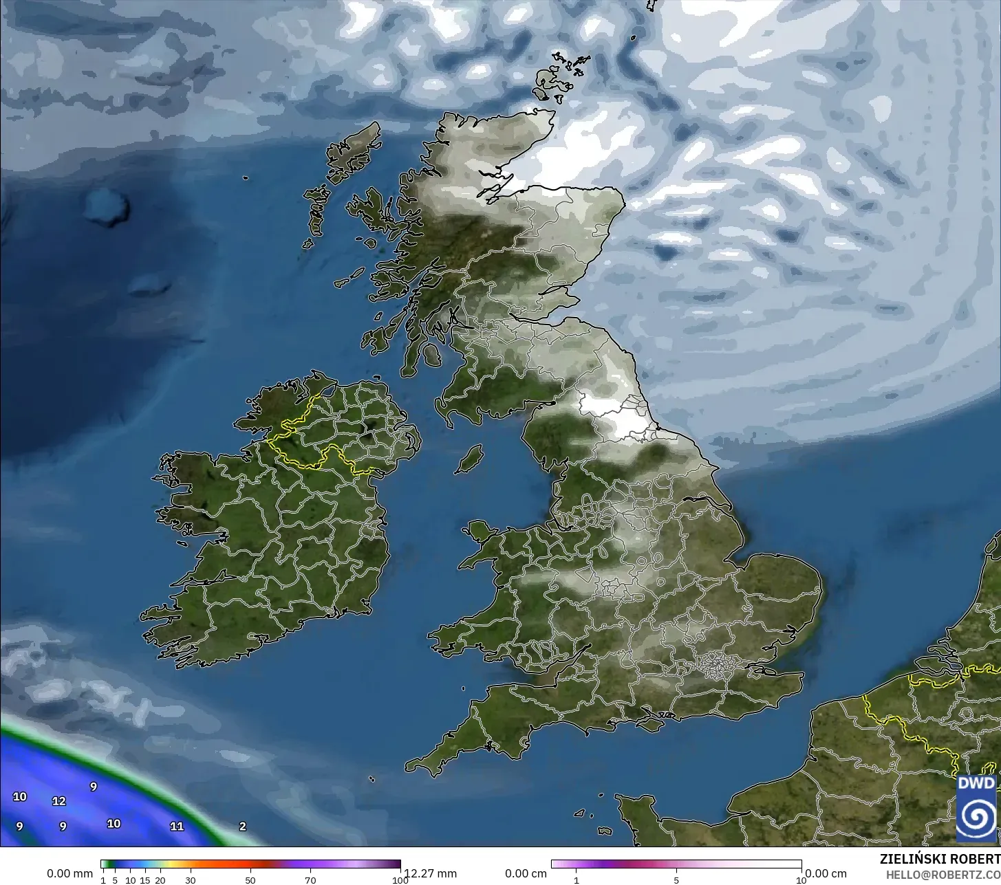 ICON modelo - Reino Unido, Precipitación, nubes y presión