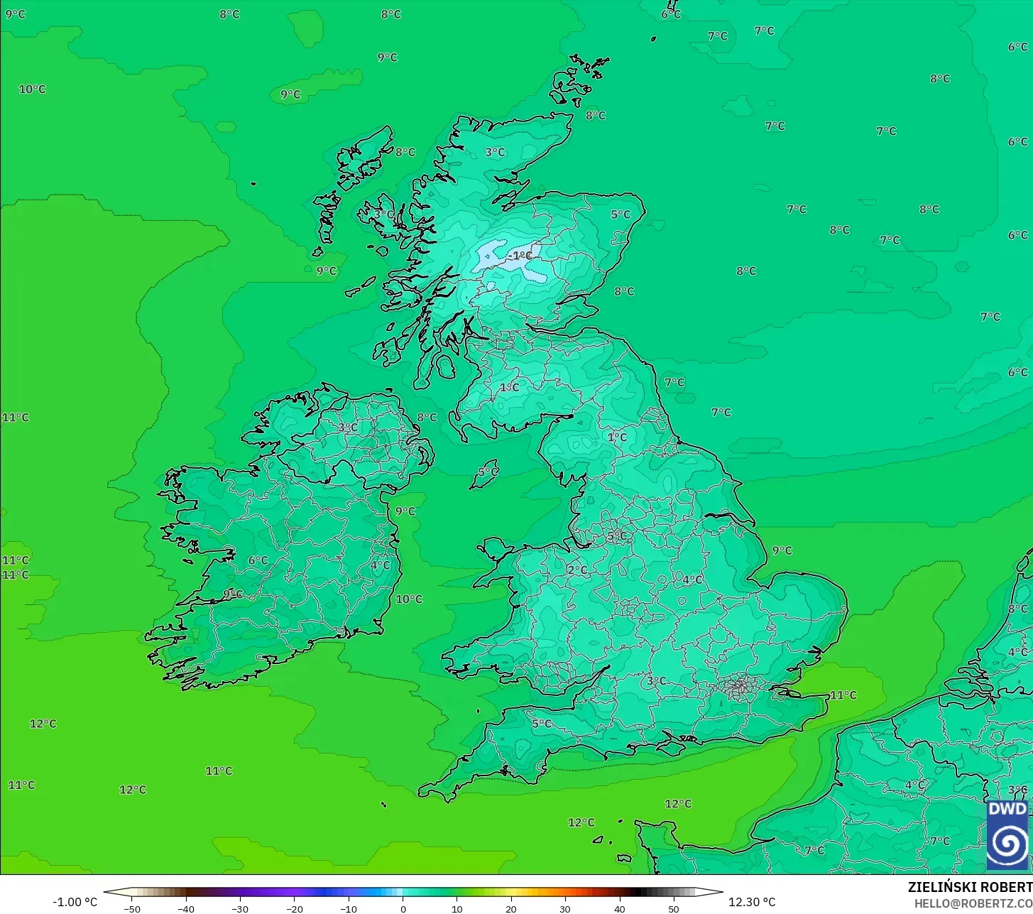 ICON modelo - Reino Unido, Temperatura a 2 m
