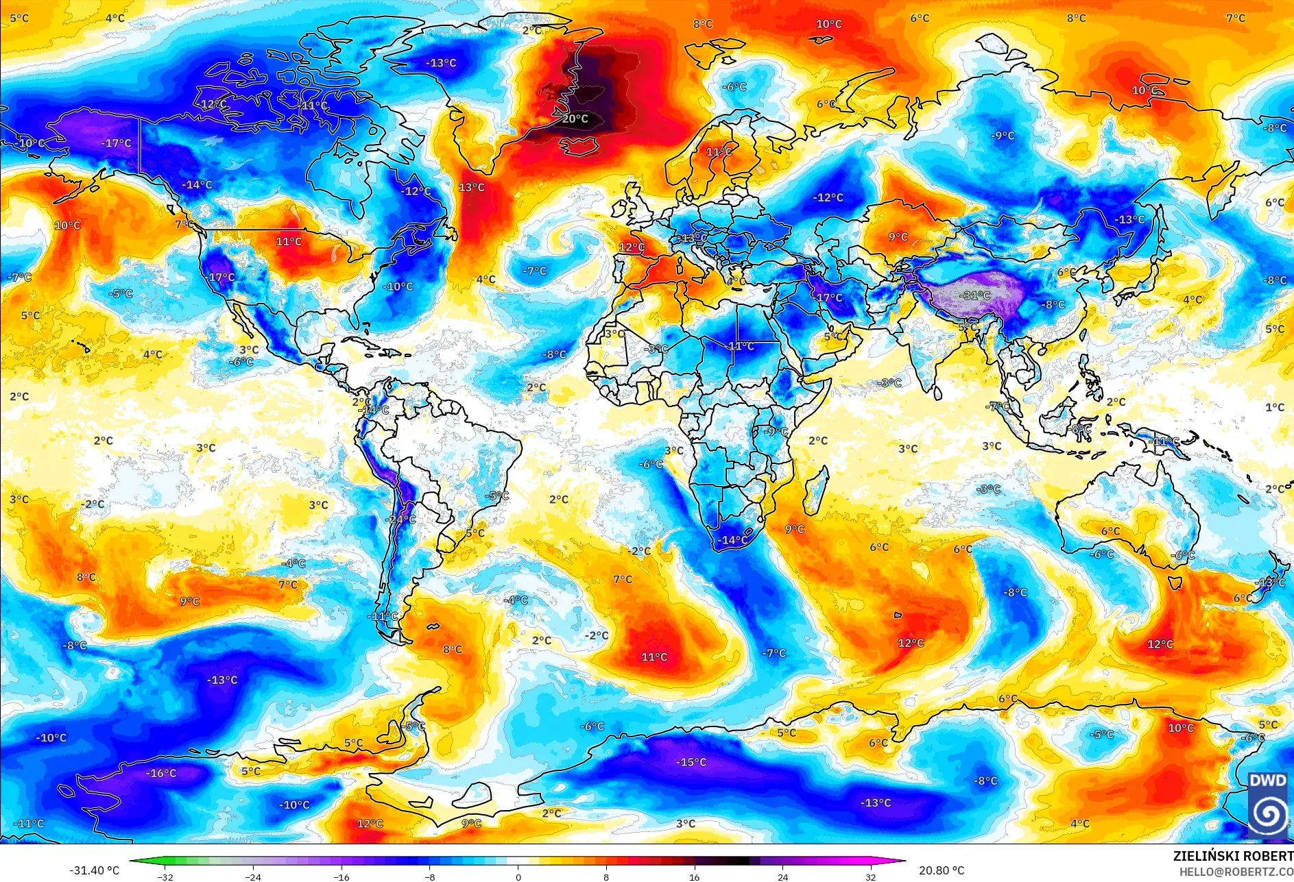 ICON modelo - Mundo, Anomalía de temperatura a 850 hPa
