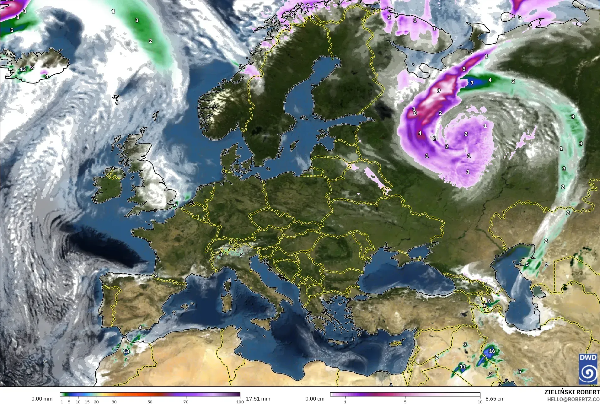ICON modelo - Europa, Precipitación, nubes y presión