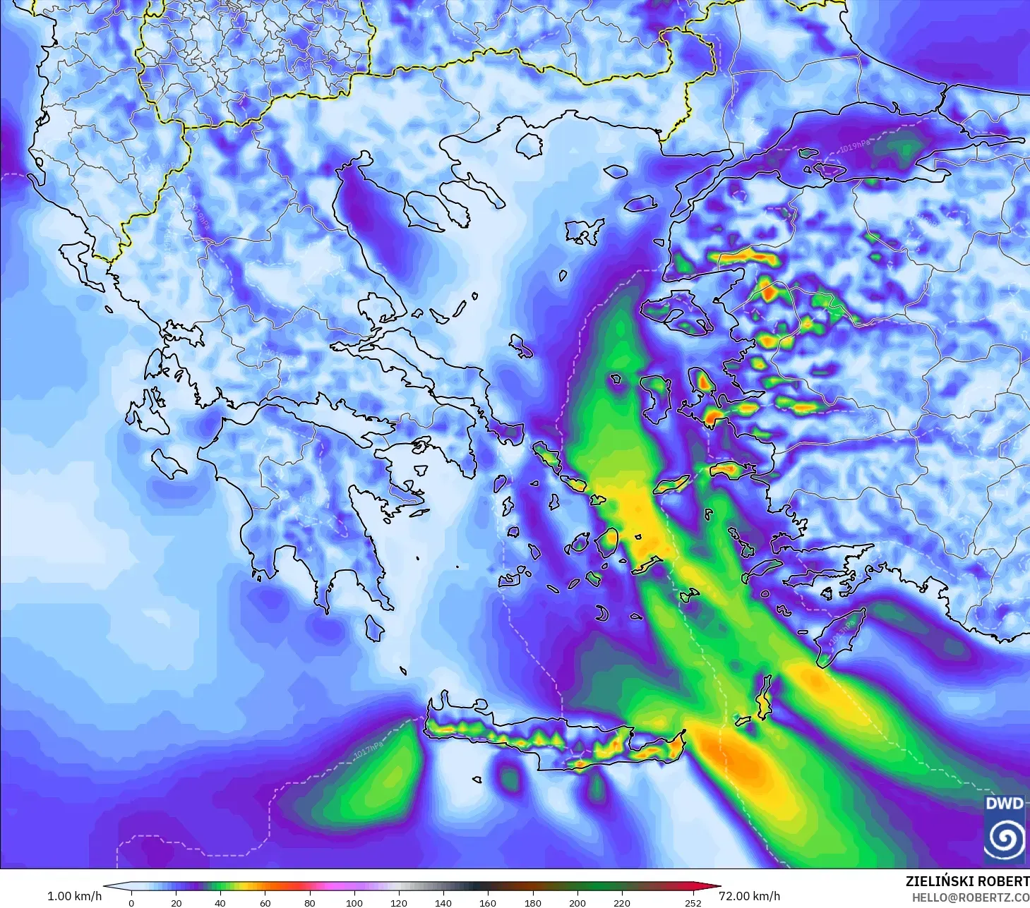 ICON modelo - Grecia, Ráfagas de viento