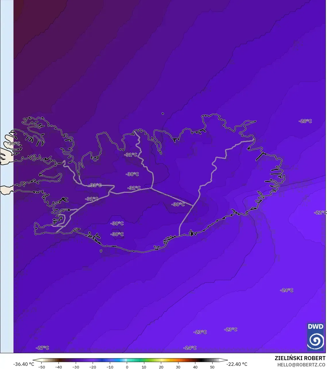 ICON modelo - Islandia, Temperatura a 500 hPa