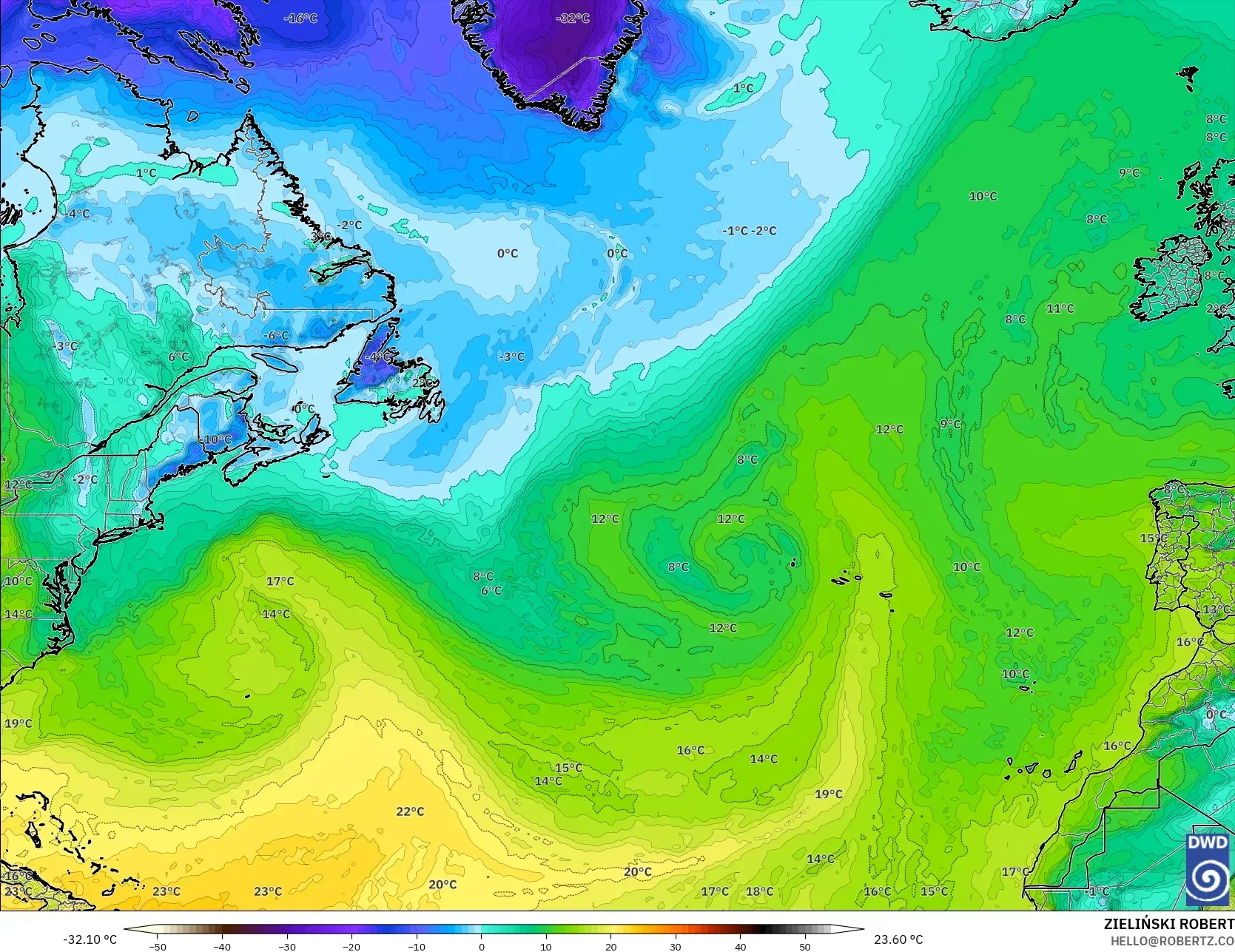 ICON modelo - Norte Atlántico, Punto de rocío a 2 m