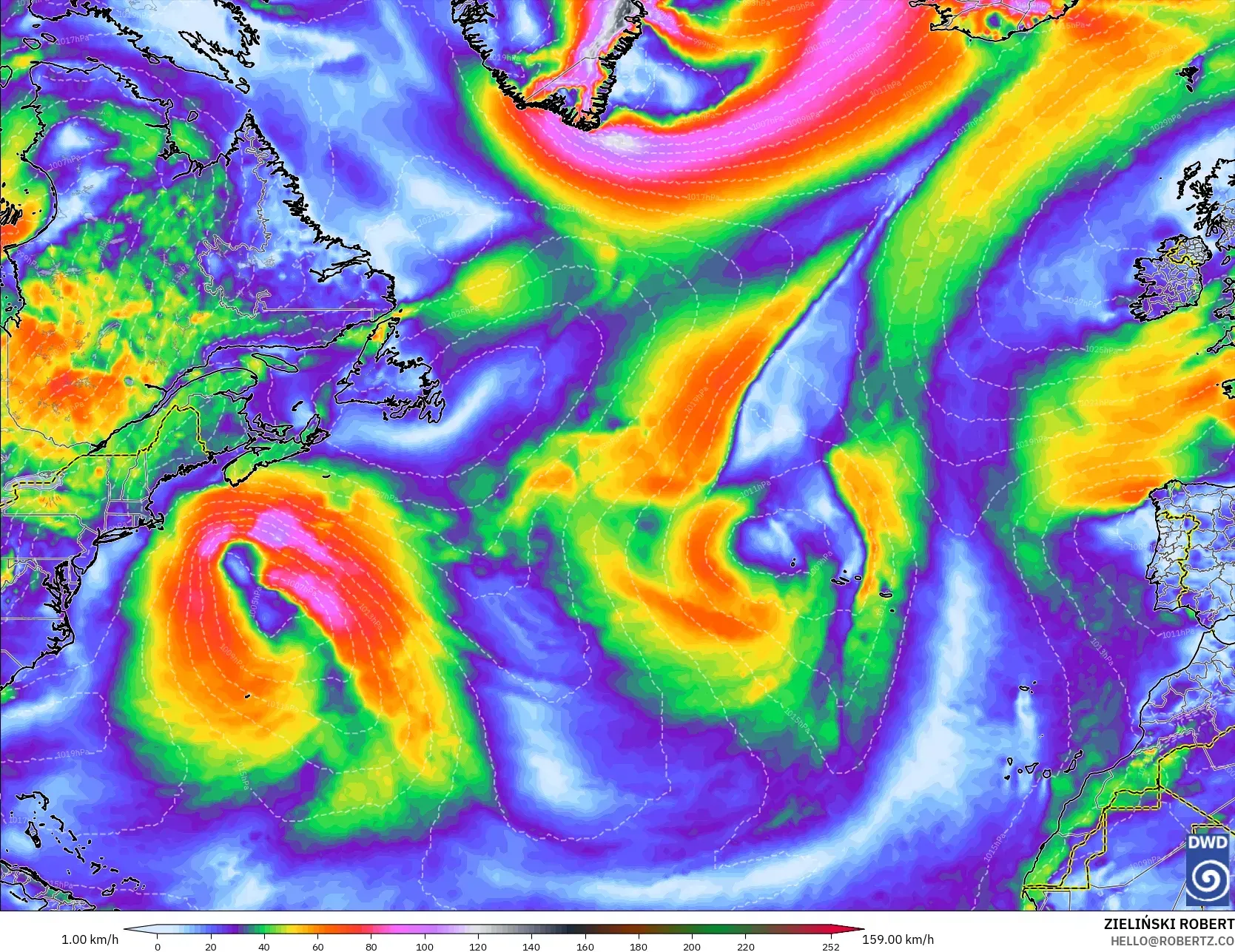 ICON modelo - Norte Atlántico, Ráfagas de viento