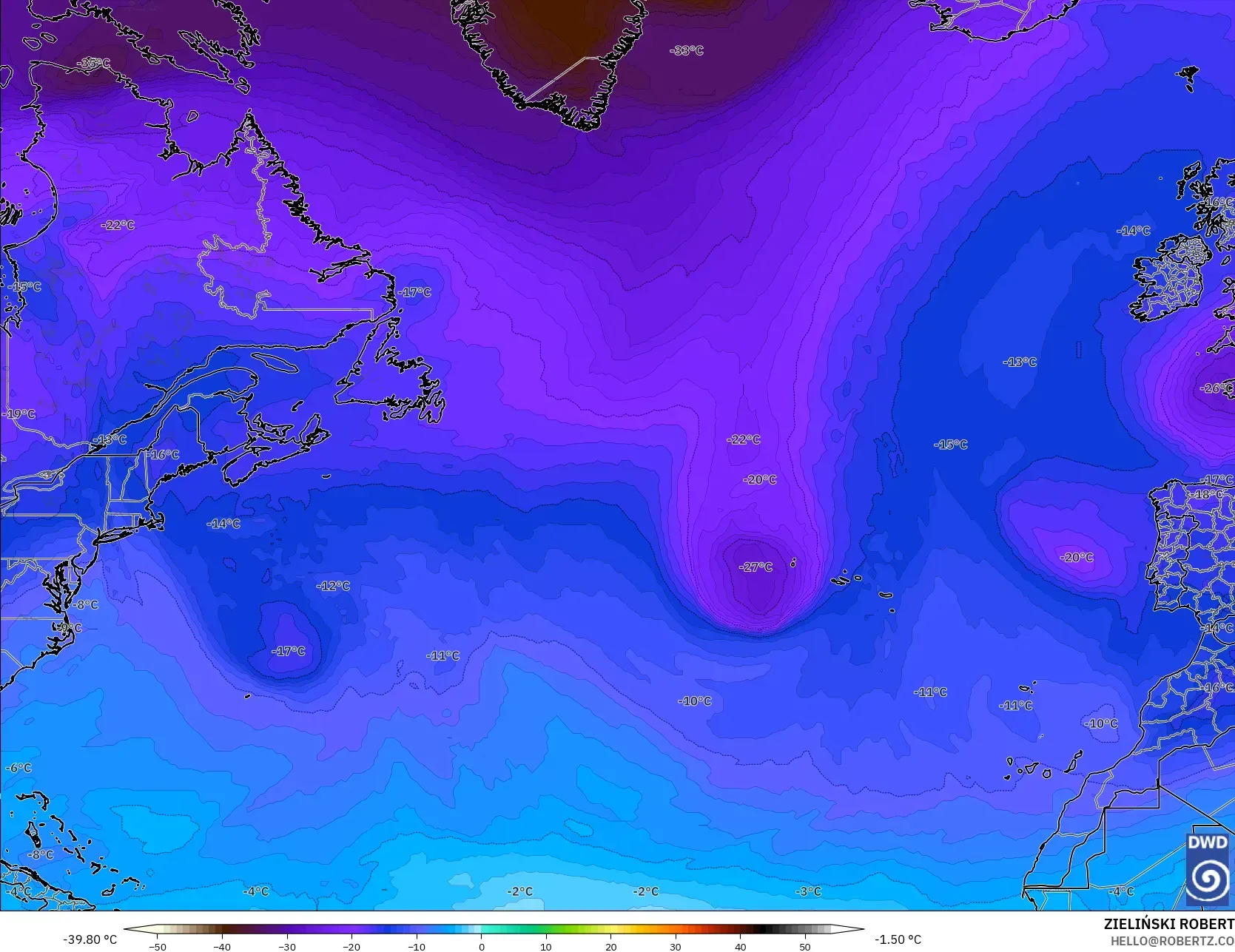 ICON modelo - Norte Atlántico, Temperatura a 500 hPa