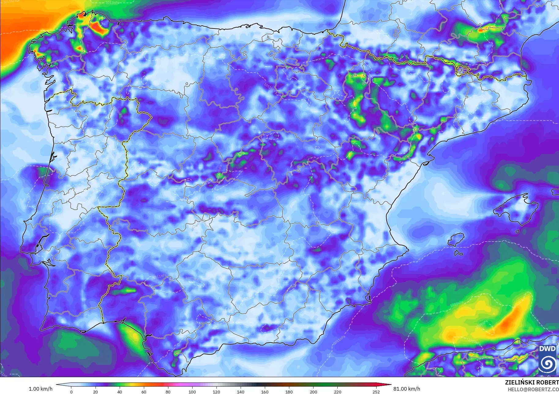 ICON modelo - España, Ráfagas de viento