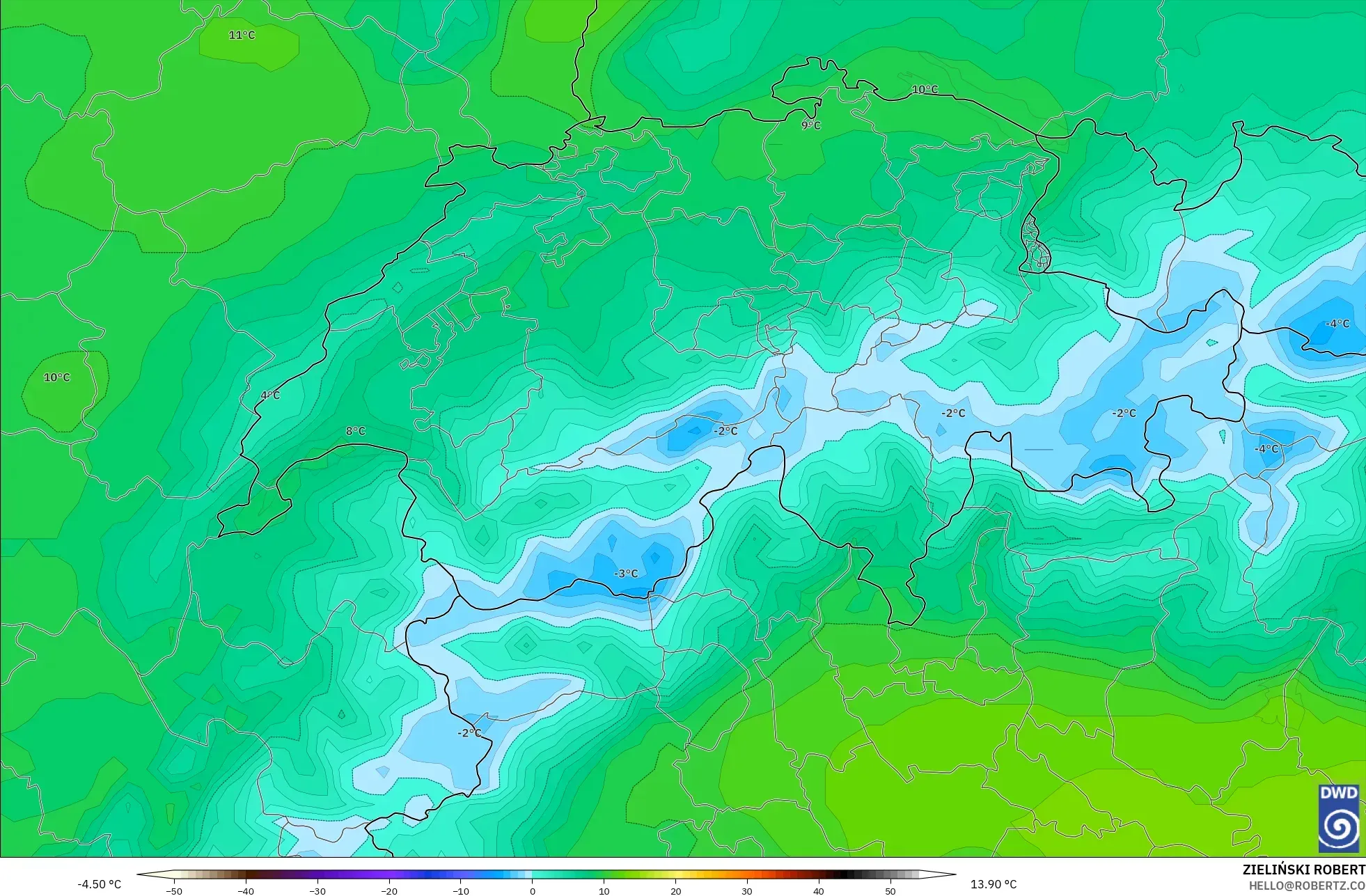 ICON modelo - Suiza, Temperatura a 850 hPa
