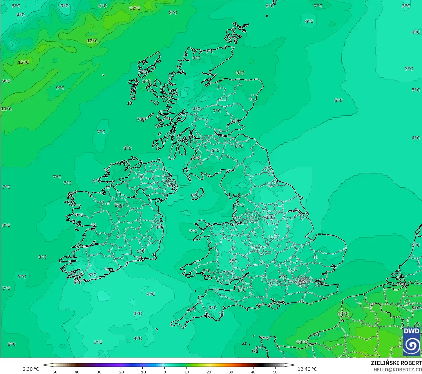 ICON modelo - Reino Unido, Temperatura a 850 hPa
