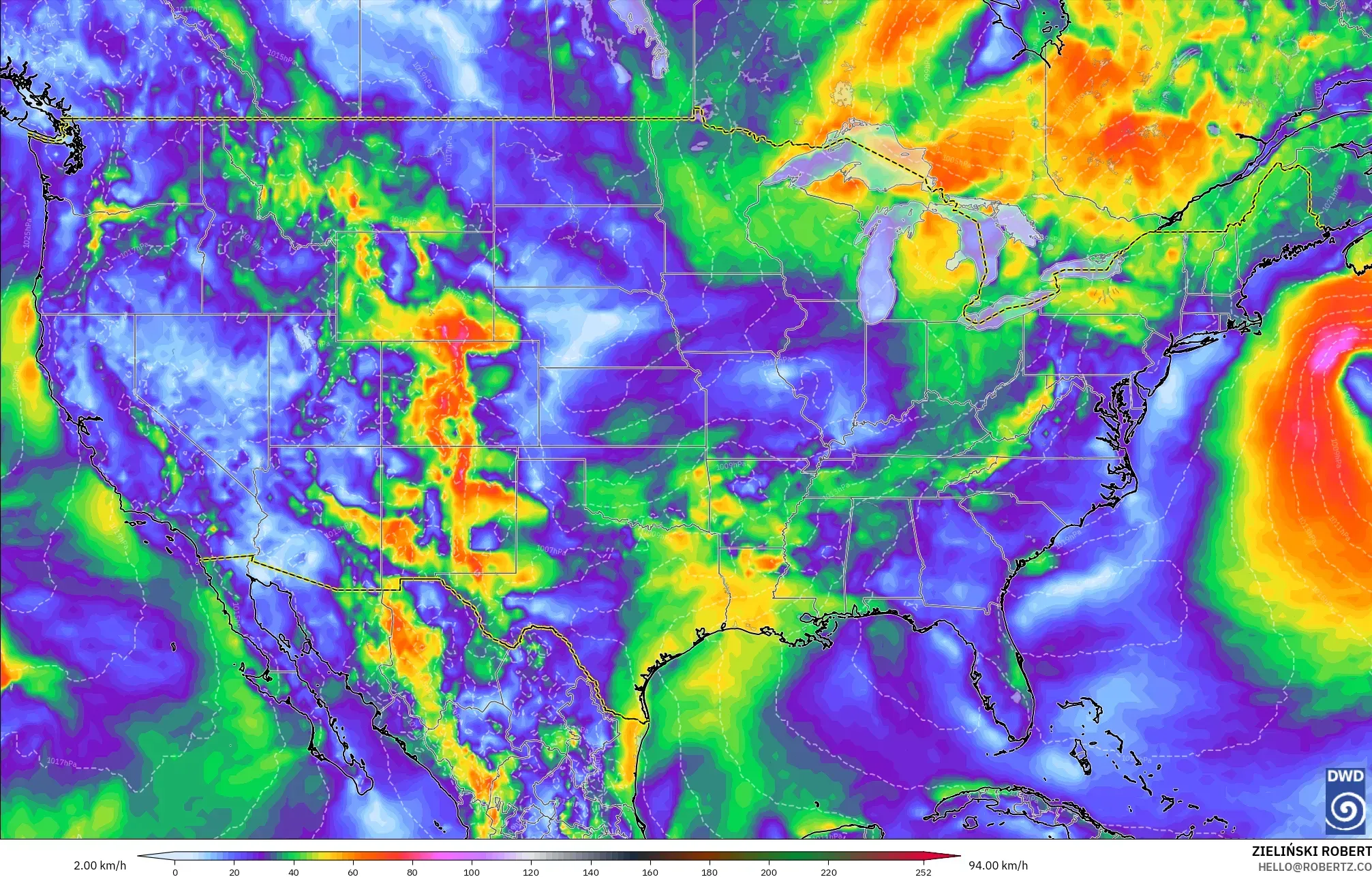 ICON modelo - Estados Unidos, Ráfagas de viento