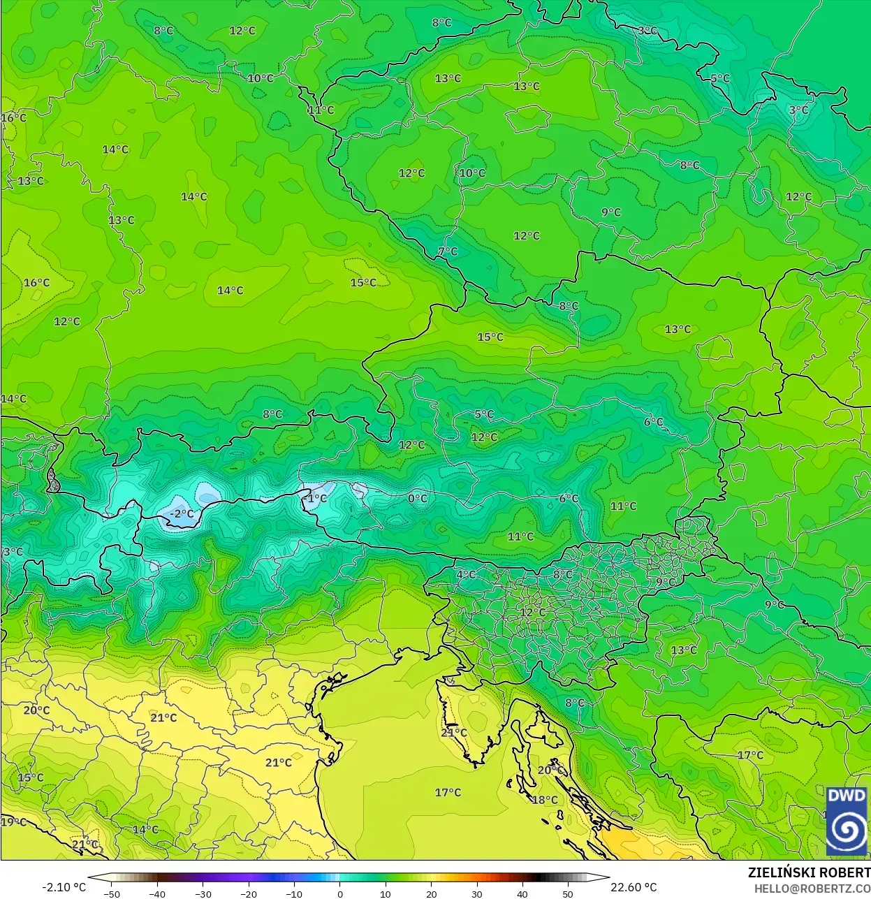 ICON modelo - Austria, Temperatura a 2 m