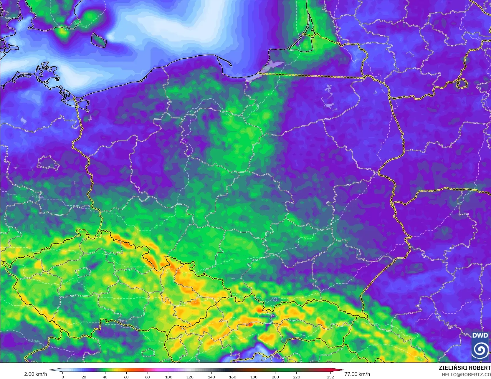 ICON modelo - Polonia, Ráfagas de viento