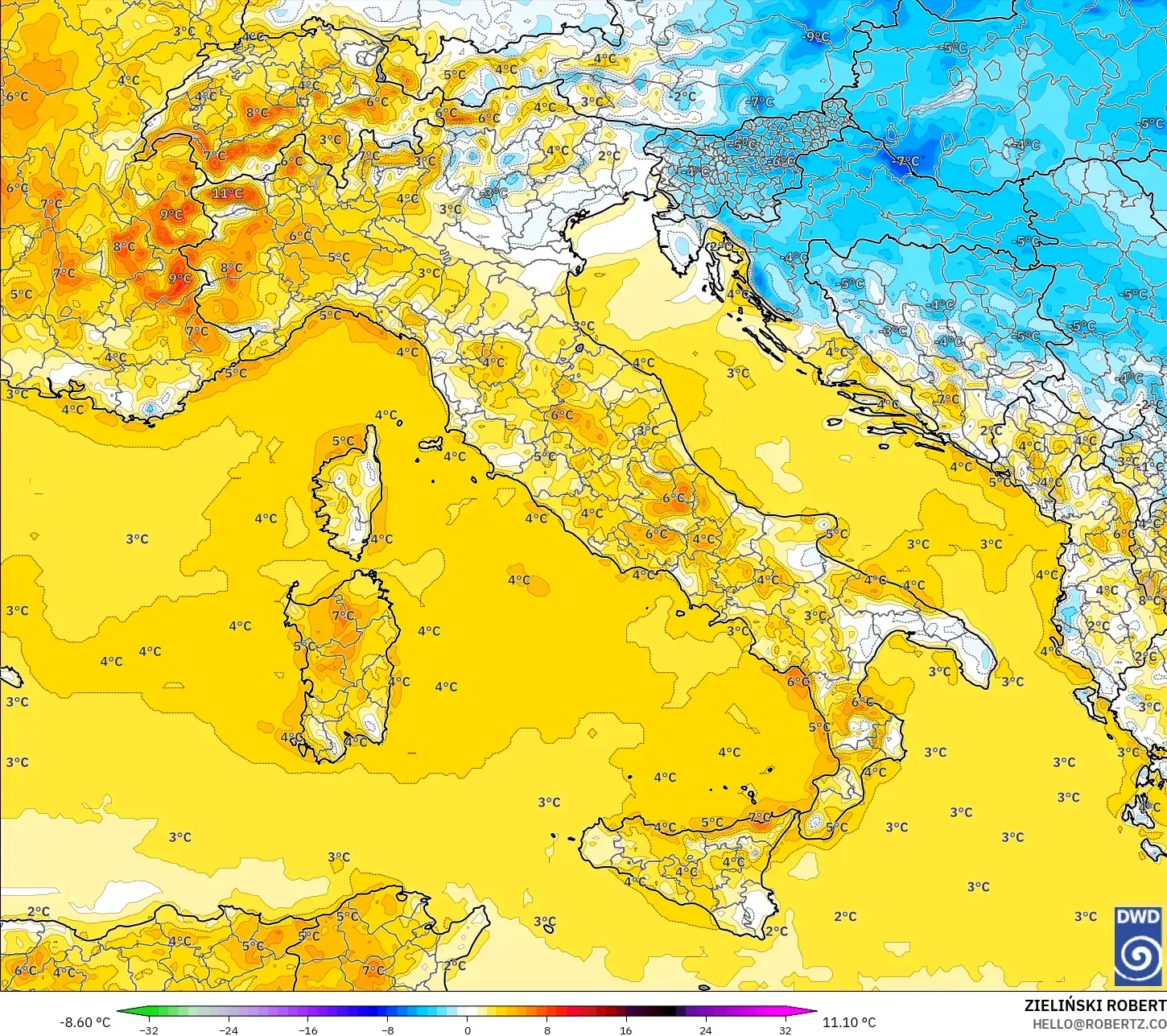 ICON modelo - Italia, Anomalía de temperatura a 2 m