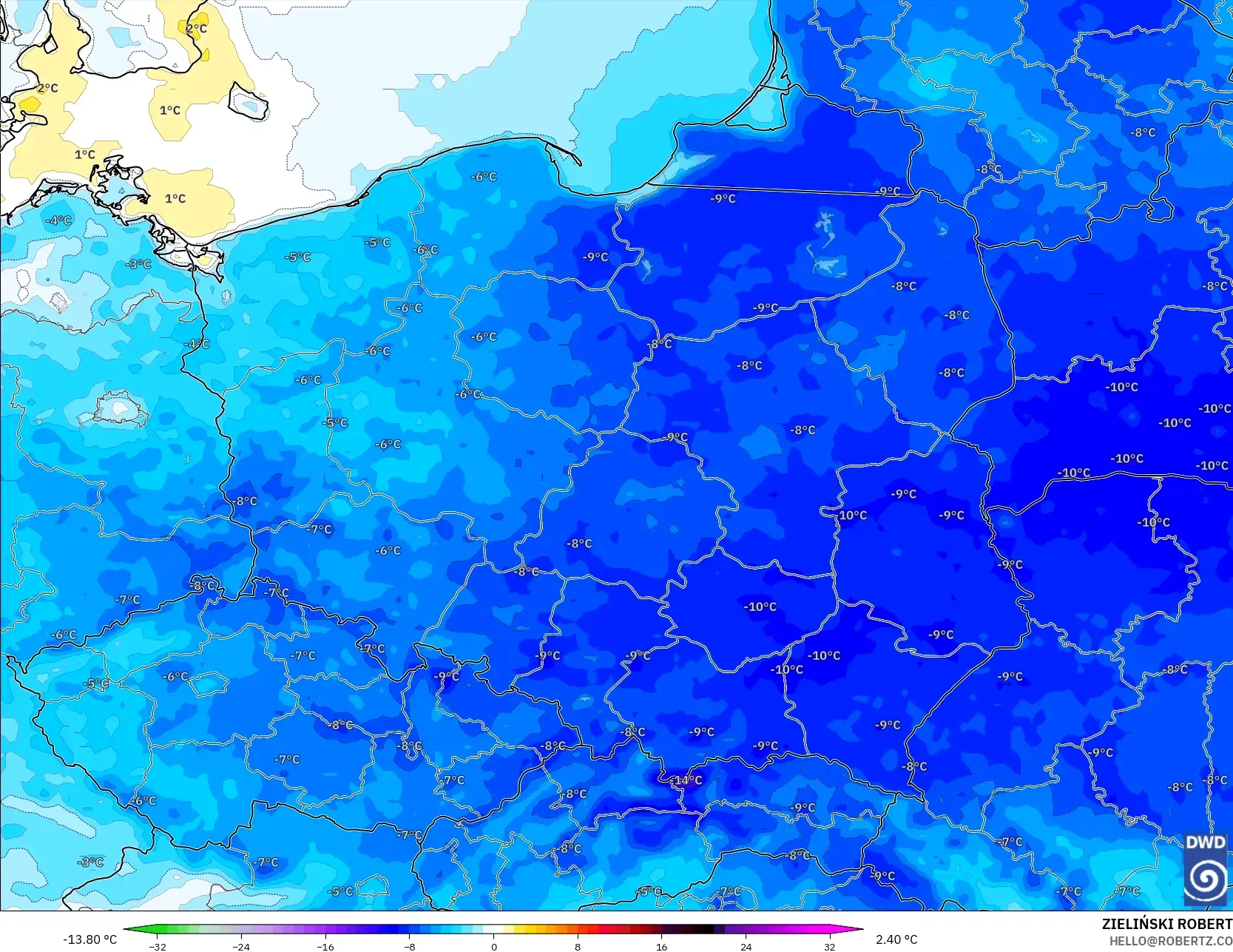 ICON modelo - Polonia, Anomalía de temperatura a 2 m