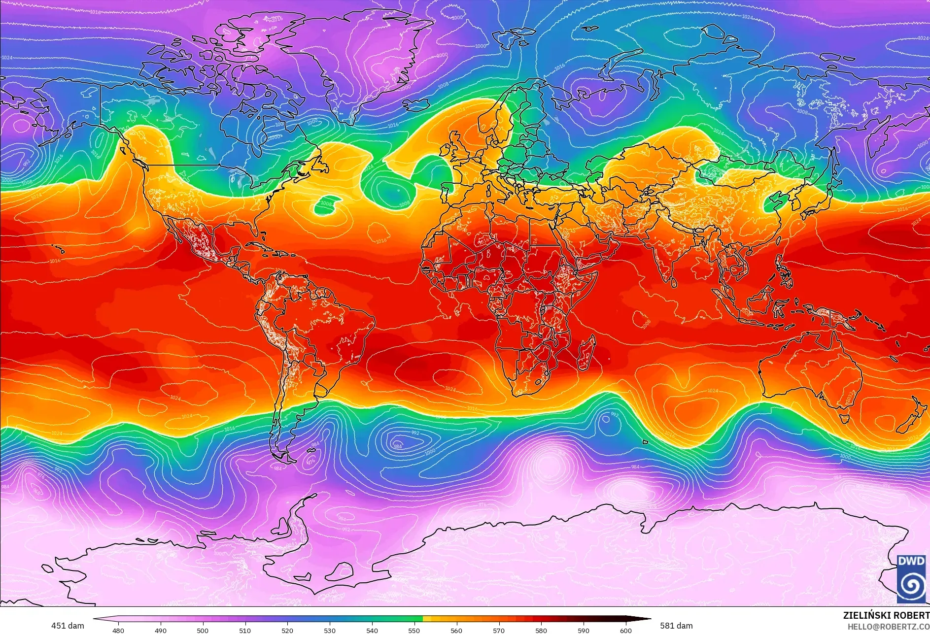 ICON modelo - Mundo, Altura geopotencial a 500 hPa